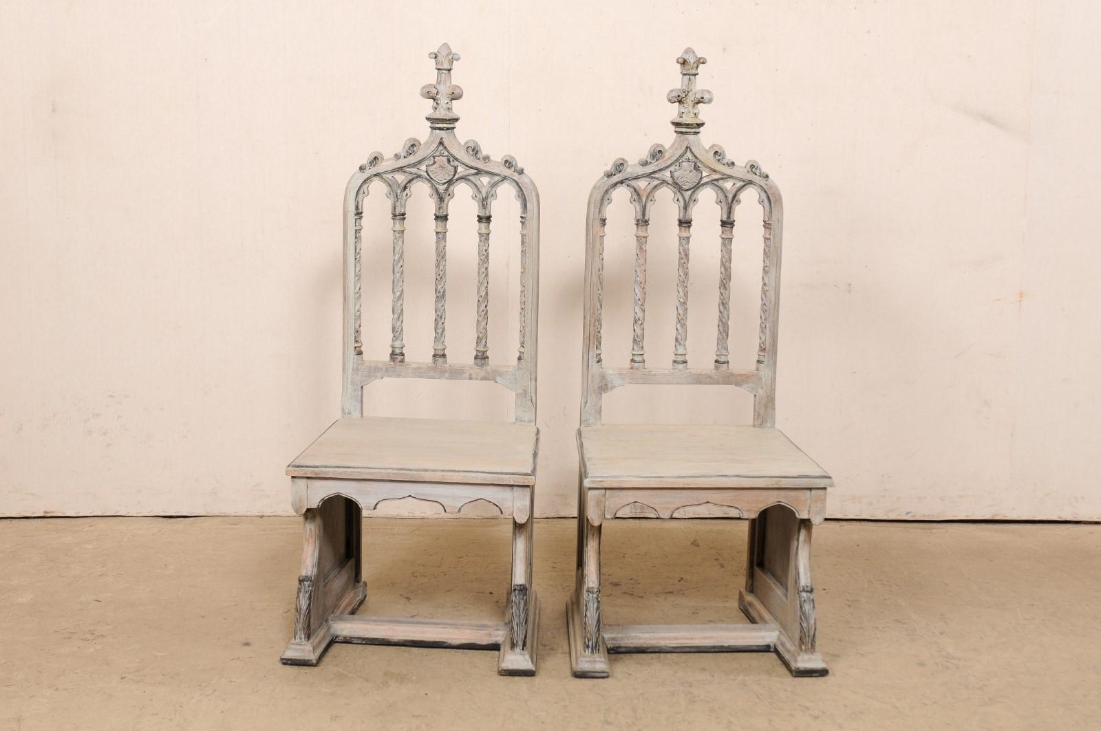 English Gothic Revival Style Pair Carved-Wood Chairs, Early 20th C For Sale 2