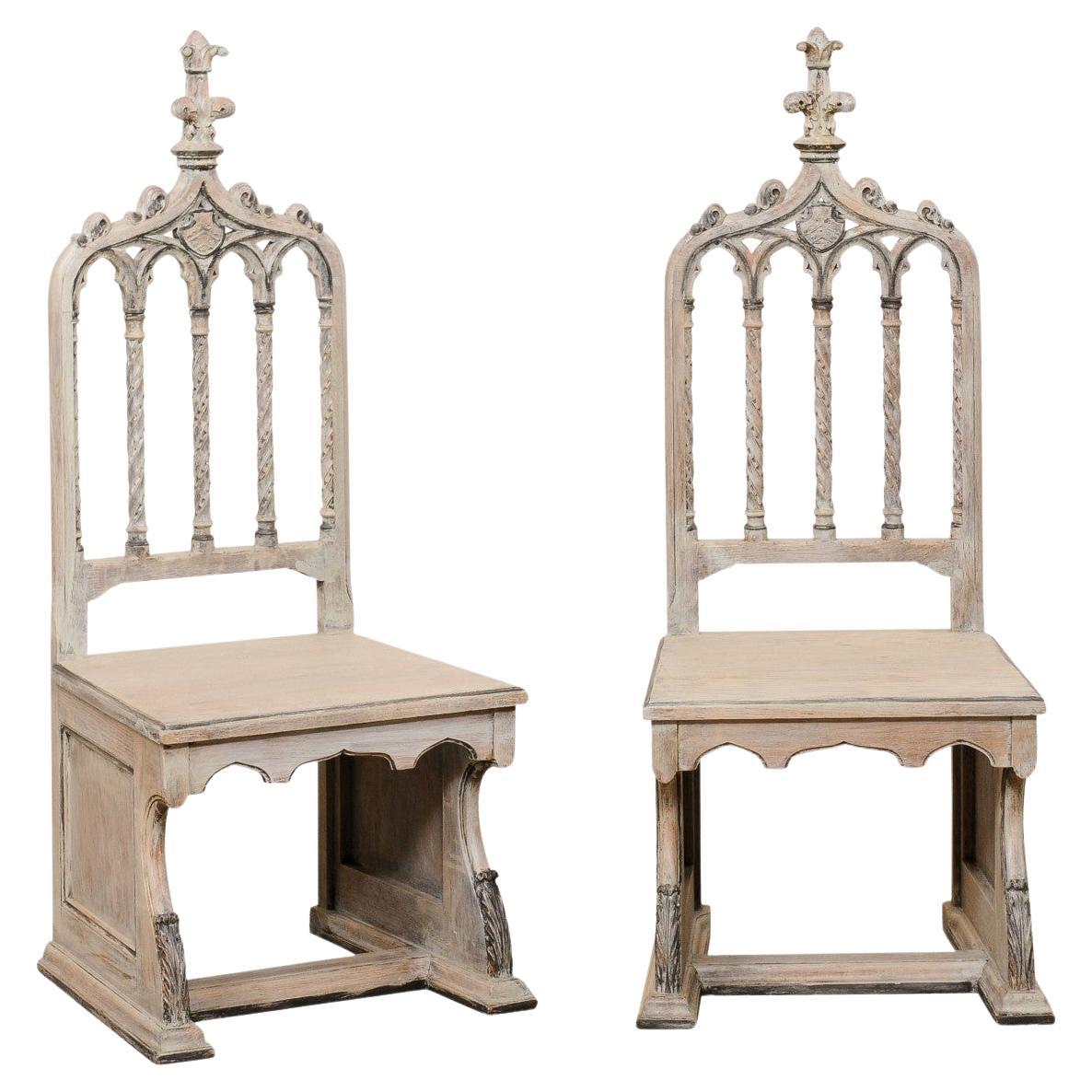 English Gothic Revival Style Pair Carved-Wood Chairs, Early 20th C For Sale