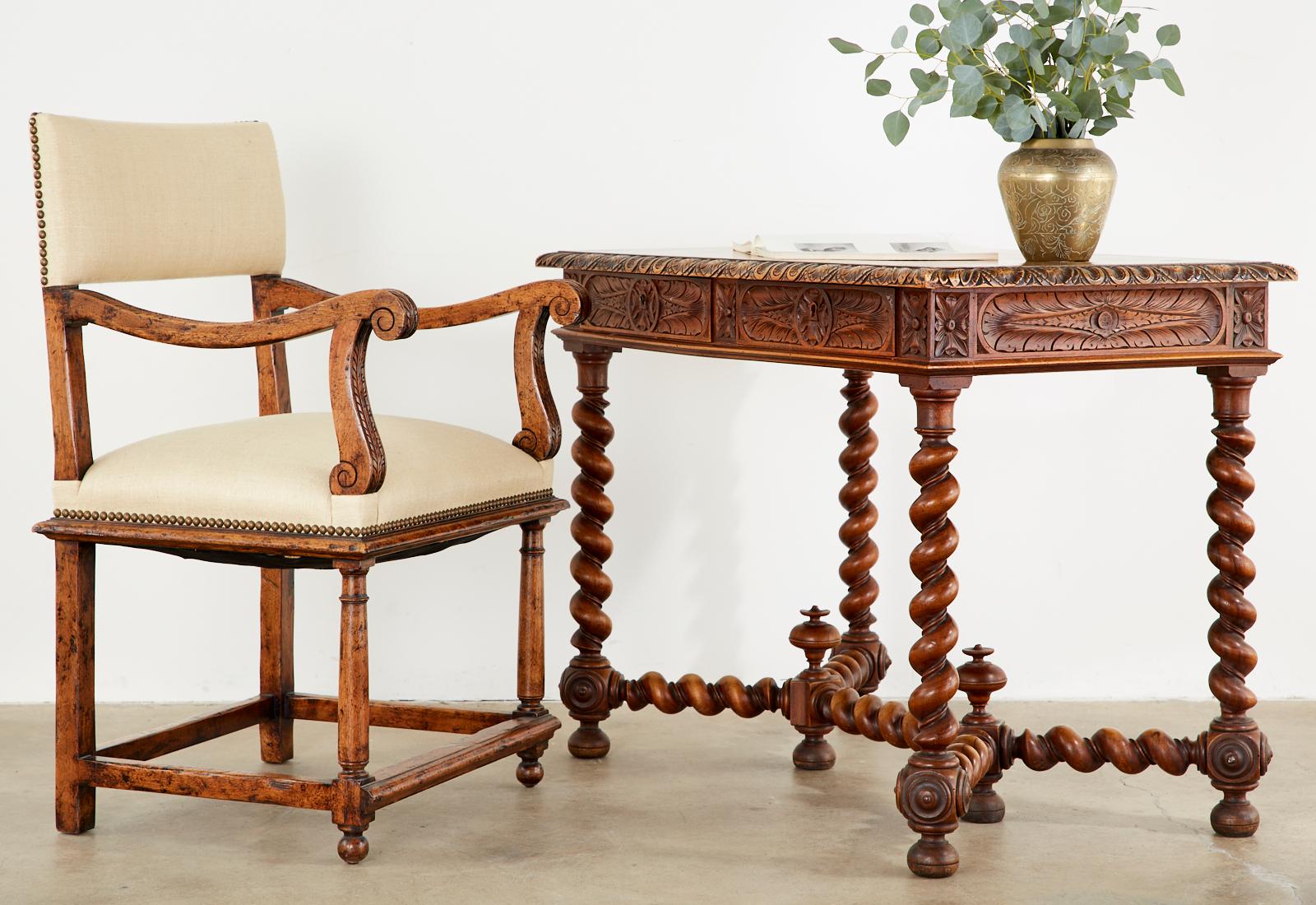 Bespoke modern interpretation of an English gothic revival wainscot style hall chair. Beautifully crafted with an aged, distressed patina. Upholstered with organic Irish linen fabric bordered by brass tack nail heads. Gracefully curved arms with