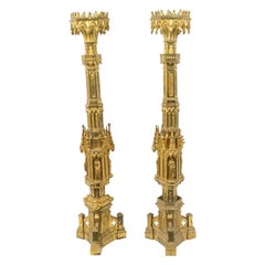 English Gothic Style Bronze Dore Altar Candlesticks