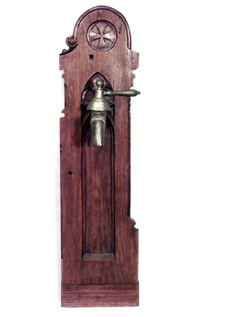 English Gothic Style Holy Water Bronze Faucet Oak Wall Plaques In Good Condition For Sale In New York, NY