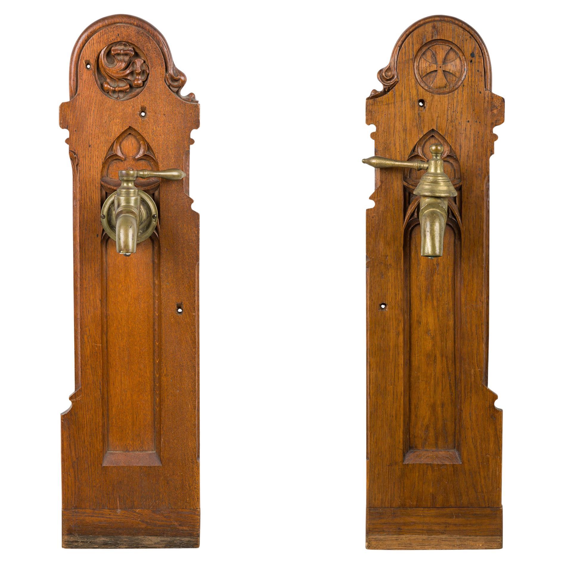 English Gothic Style Holy Water Bronze Faucet Oak Wall Plaques