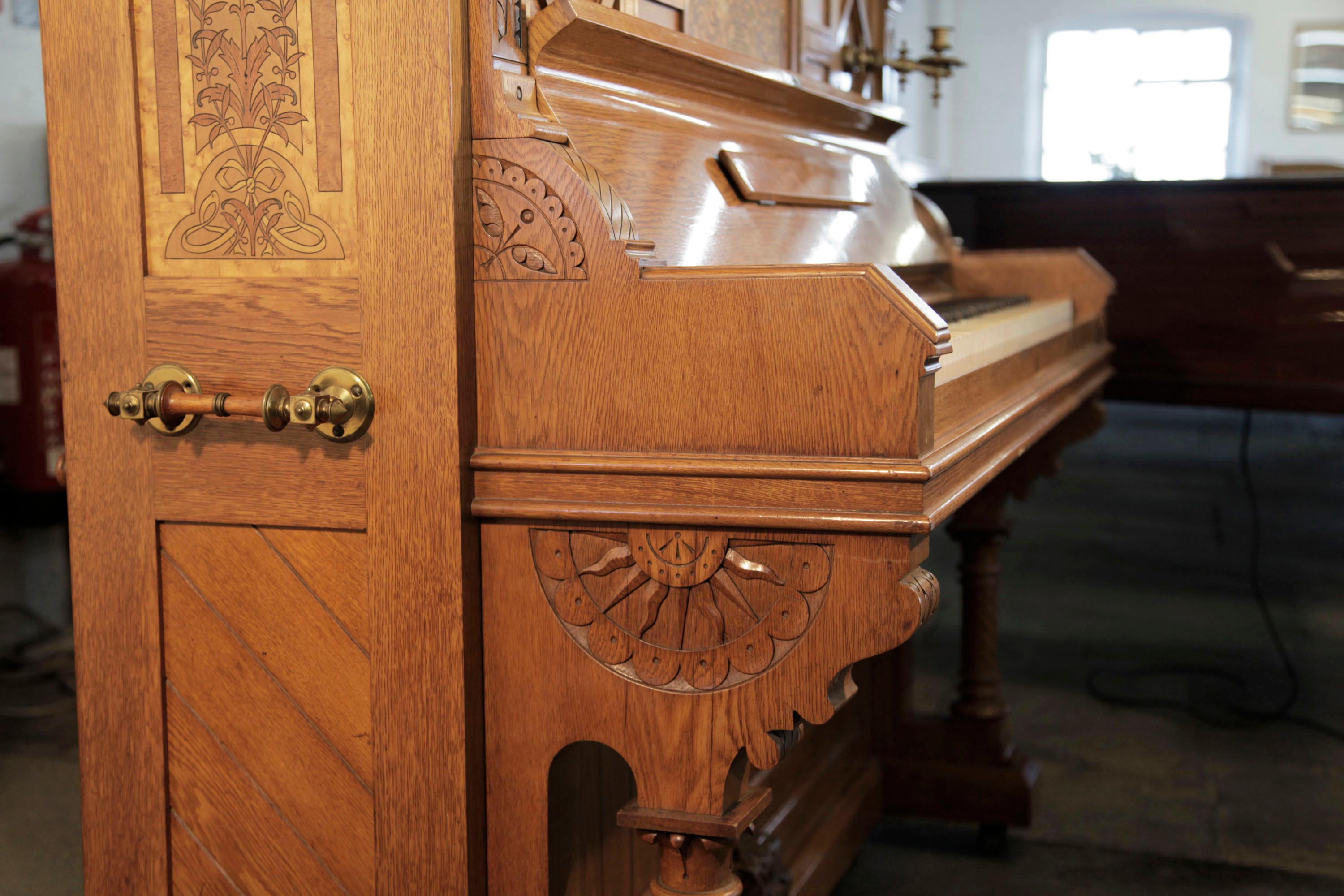 English Gothic Style Ibach Upright Piano Carved Oak Traditional Folk Art Motifs In Good Condition For Sale In Leeds, GB