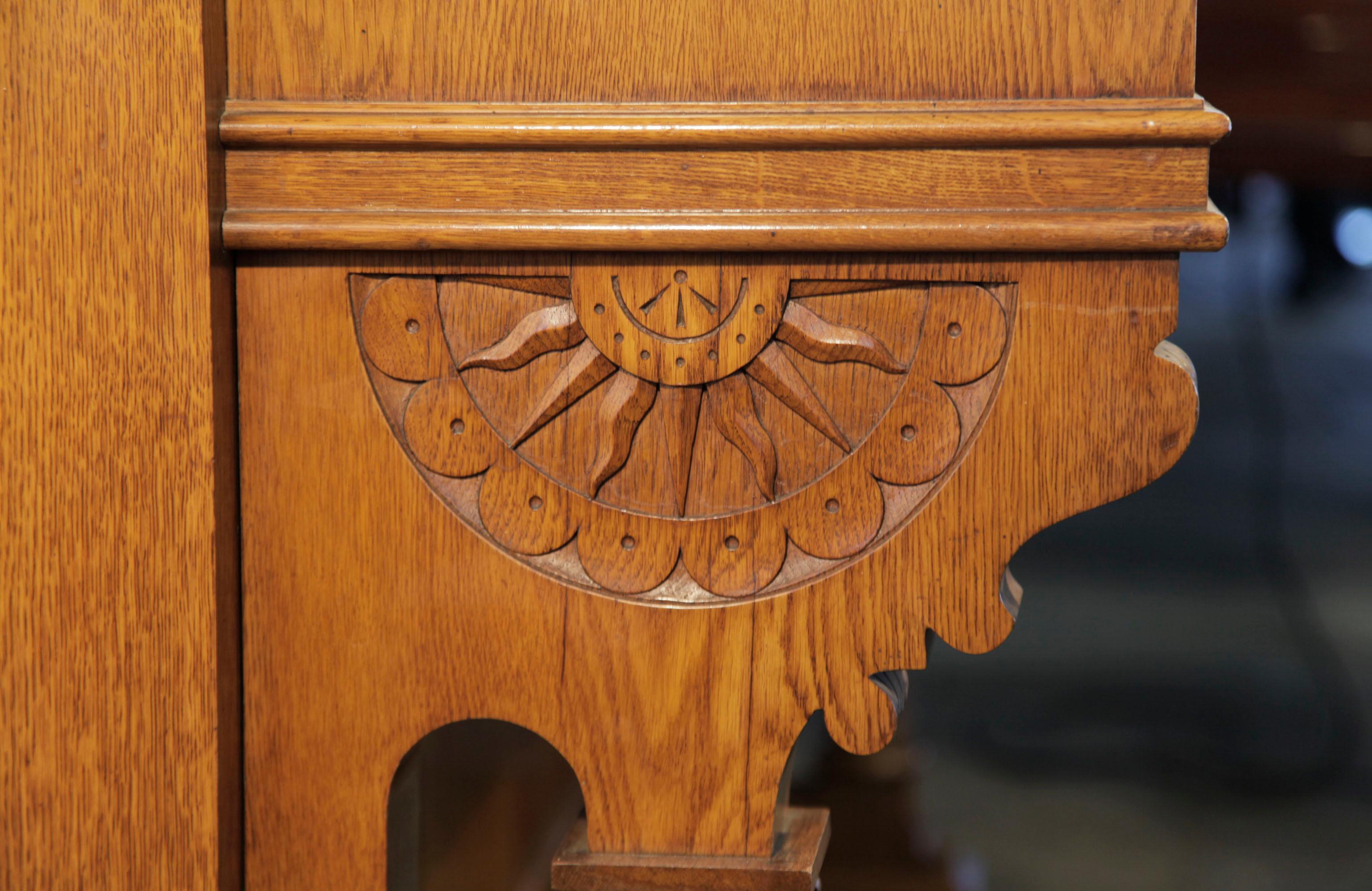 19th Century English Gothic Style Ibach Upright Piano Carved Oak Traditional Folk Art Motifs For Sale