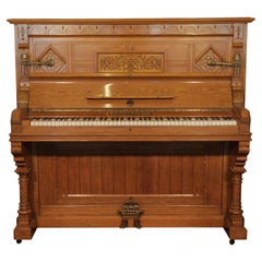 Antique English Gothic Style Ibach Upright Piano Carved Oak Traditional Folk Art Motifs