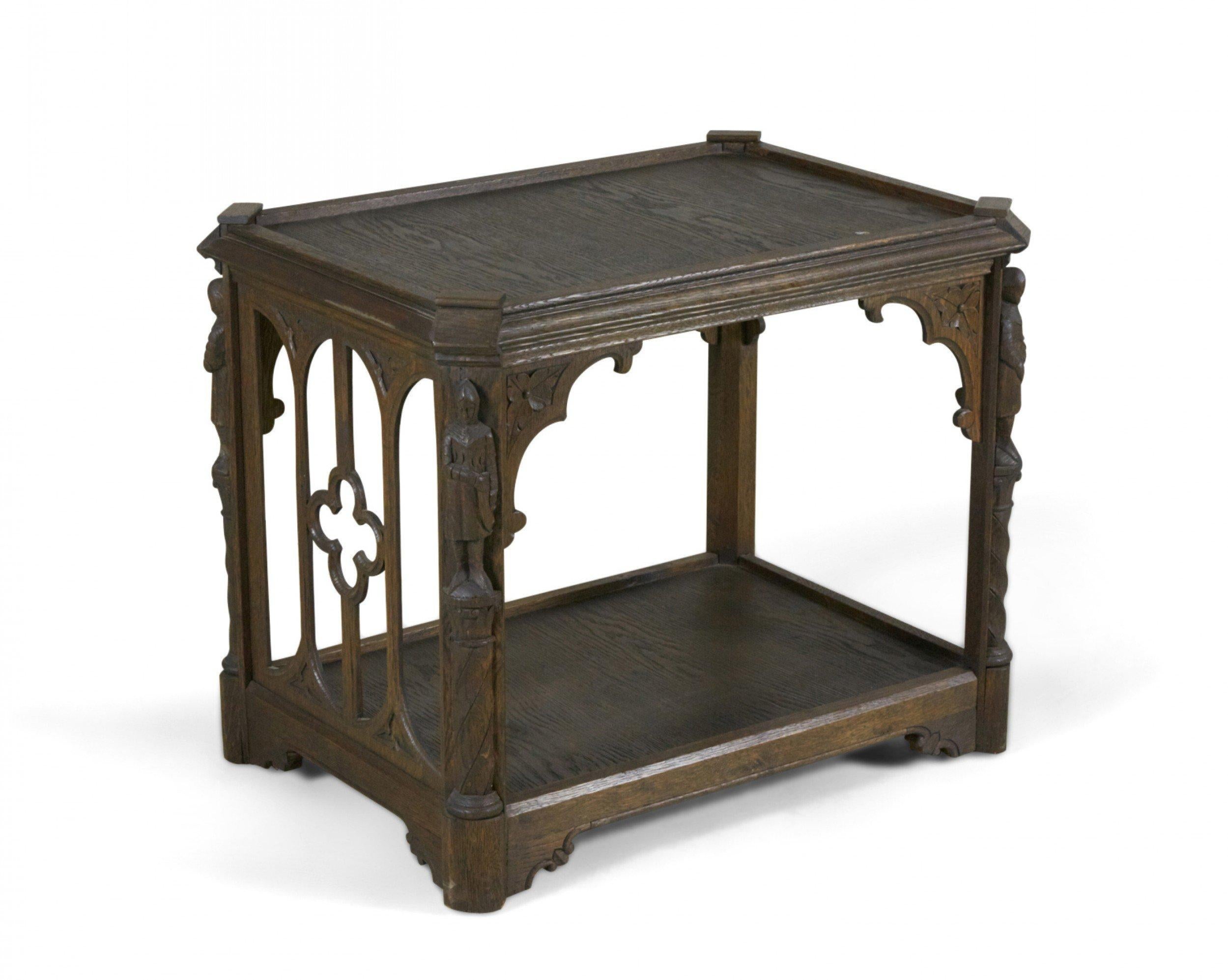 English Gothic style (early 20th century) oak end table with twisted pilaster corners surmounted by carved knight figures (marked: BELGIUM)