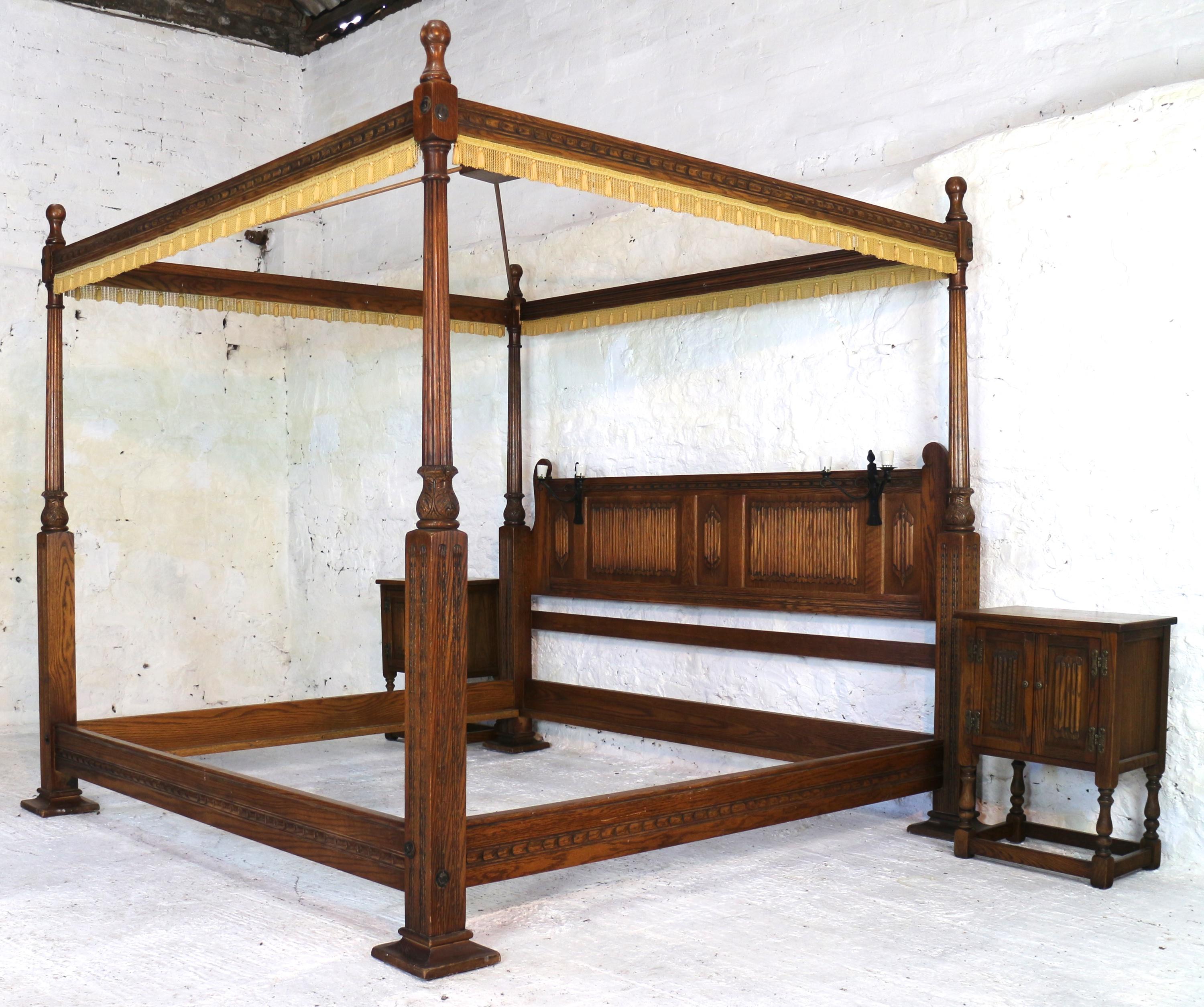 English Gothic/Tudor Style Oak Four-Poster Emperor Size Bed 5