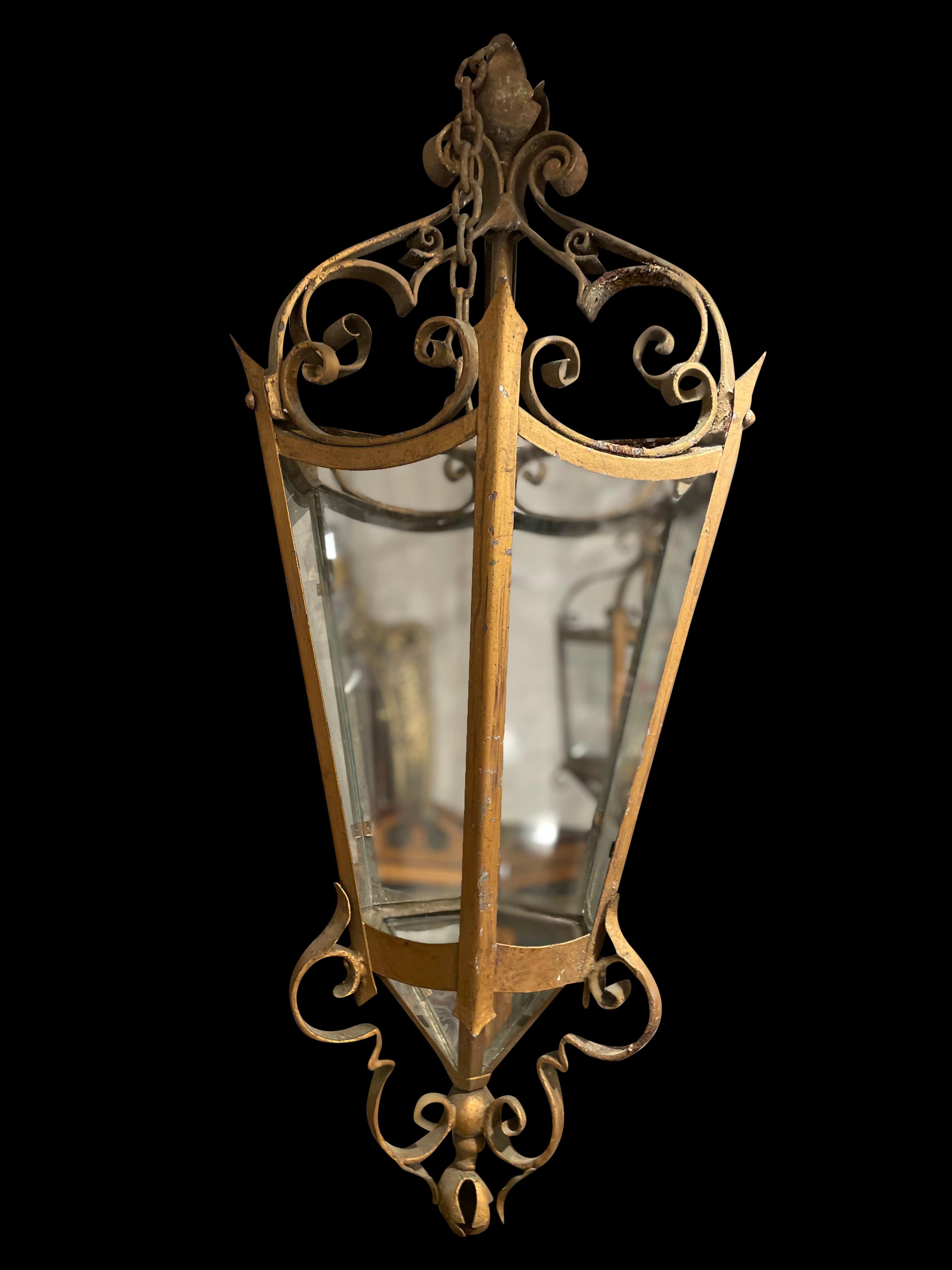 European English Gothic Wrought Iron 6 Glass Panel Hanging Lantern, 19th Century For Sale