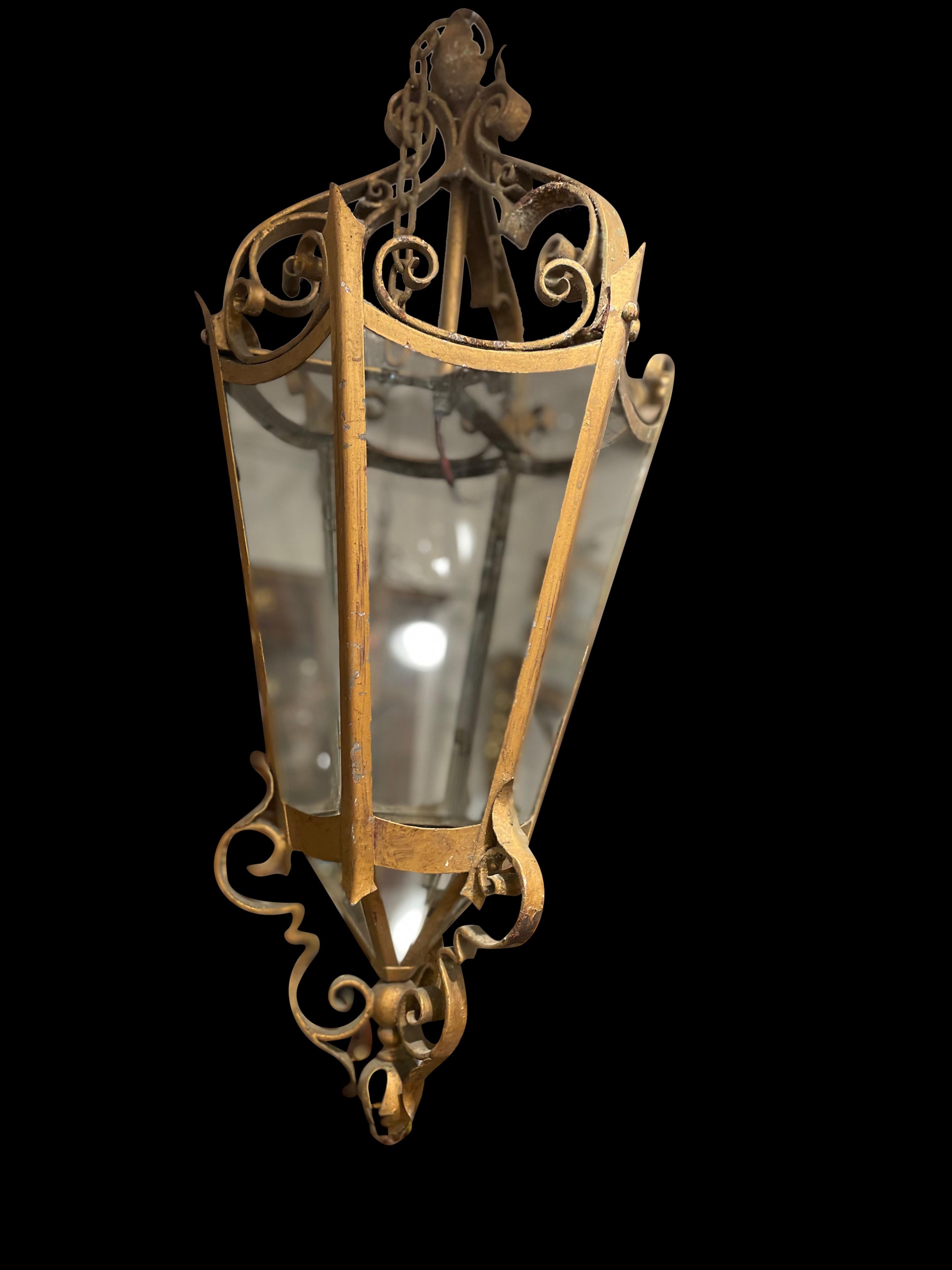English Gothic Wrought Iron 6 Glass Panel Hanging Lantern, 19th Century In Good Condition For Sale In London, GB