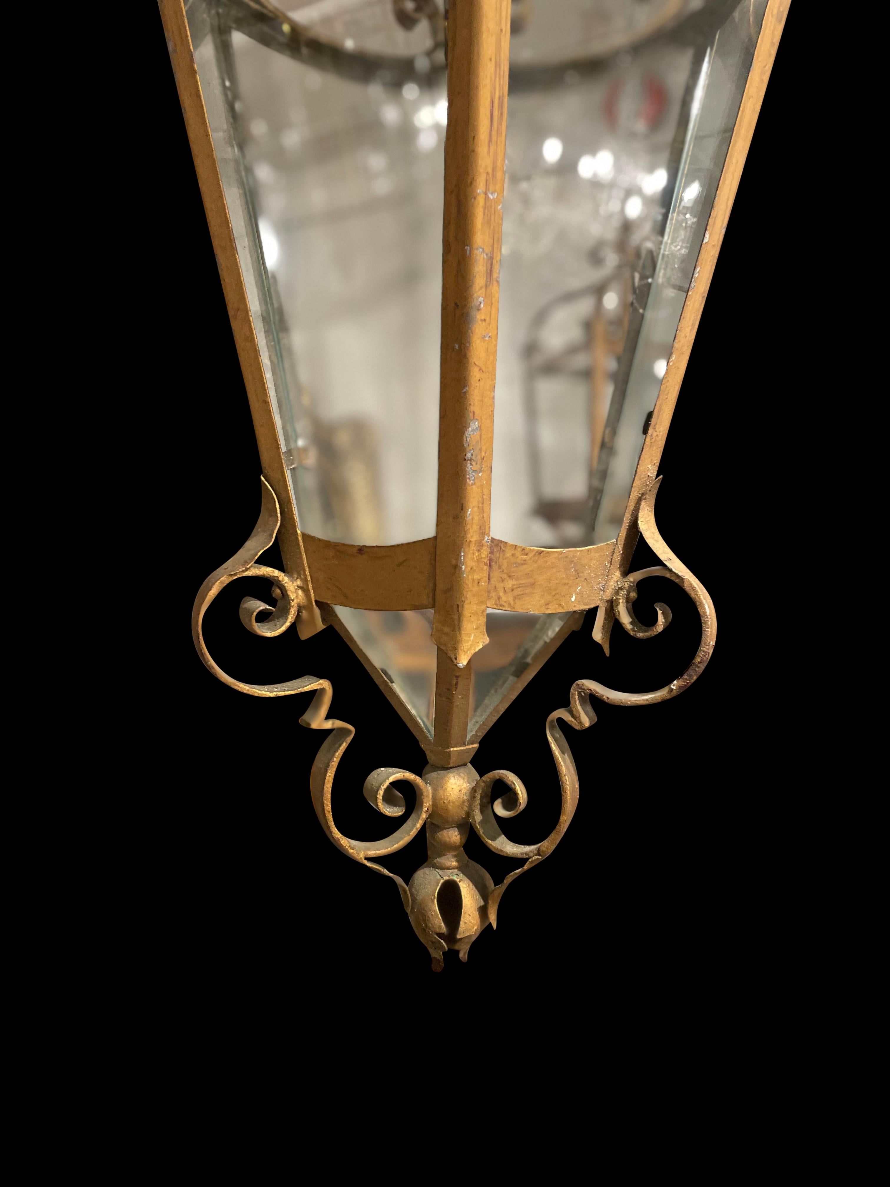English Gothic Wrought Iron 6 Glass Panel Hanging Lantern, 19th Century For Sale 1