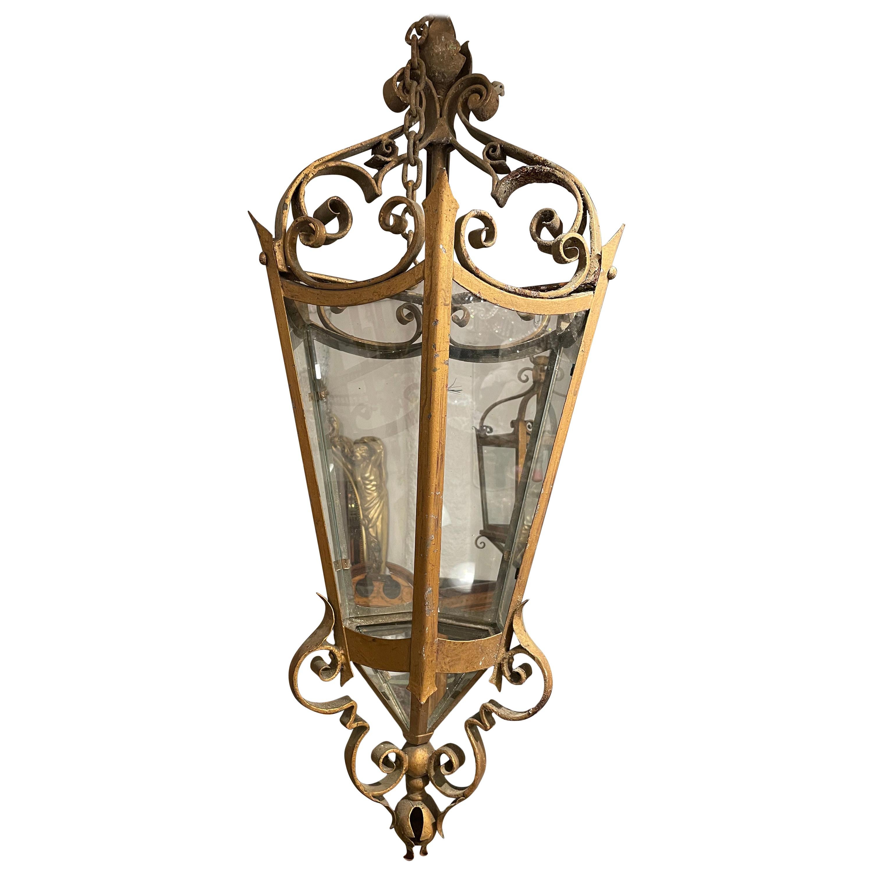 English Gothic Wrought Iron 6 Glass Panel Hanging Lantern, 19th Century For Sale