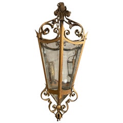 Antique English Gothic Wrought Iron 6 Glass Panel Hanging Lantern, 19th Century