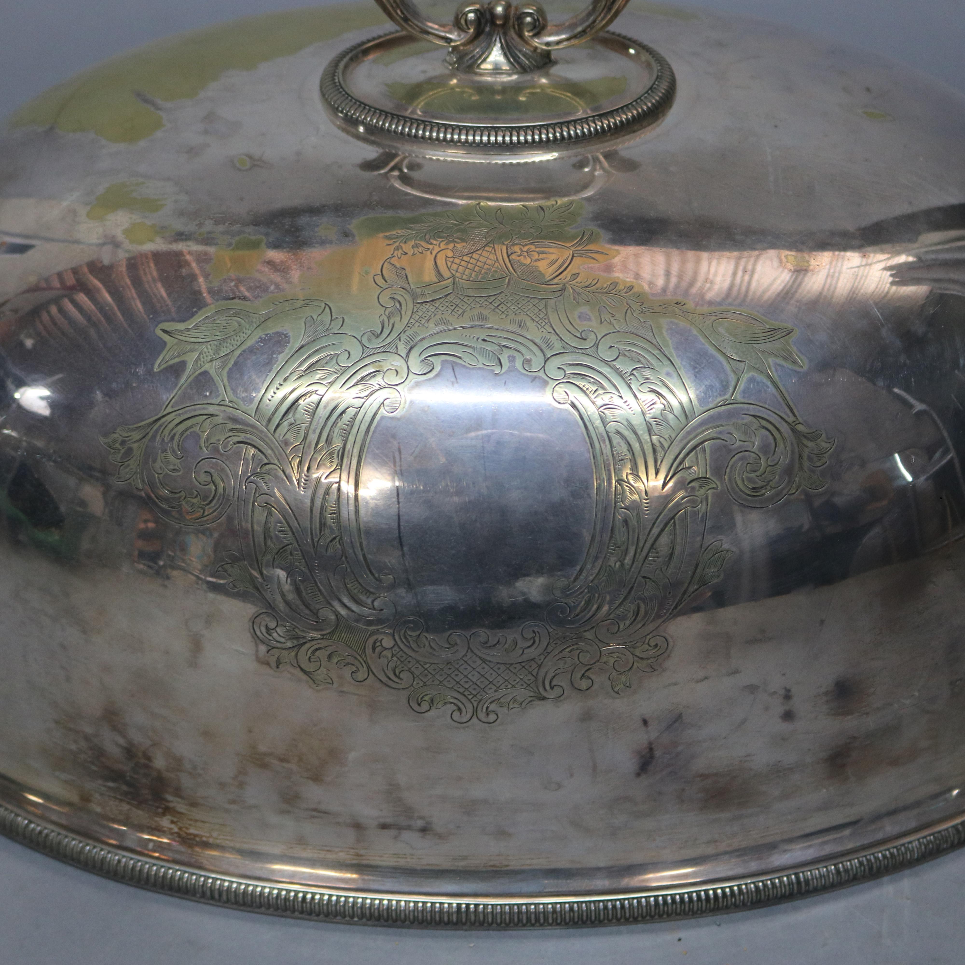 An antique English graduated set of two silver plate Sheffield style cloches, food serving domes, offer foliate form handles and scroll and foliate engraved decoration, hallmarks, 19th century.

Measures - Large 10