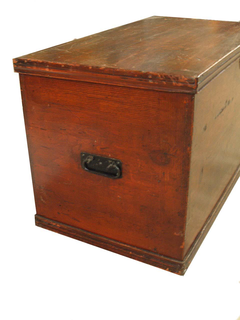English grain painted blanket chest , with similar grained effect on three sides and the top,  sides with steel carrying handles, interior with interesting wall paper, candle box with oak lid and original ''rat tail'' hinges.  This chest is an