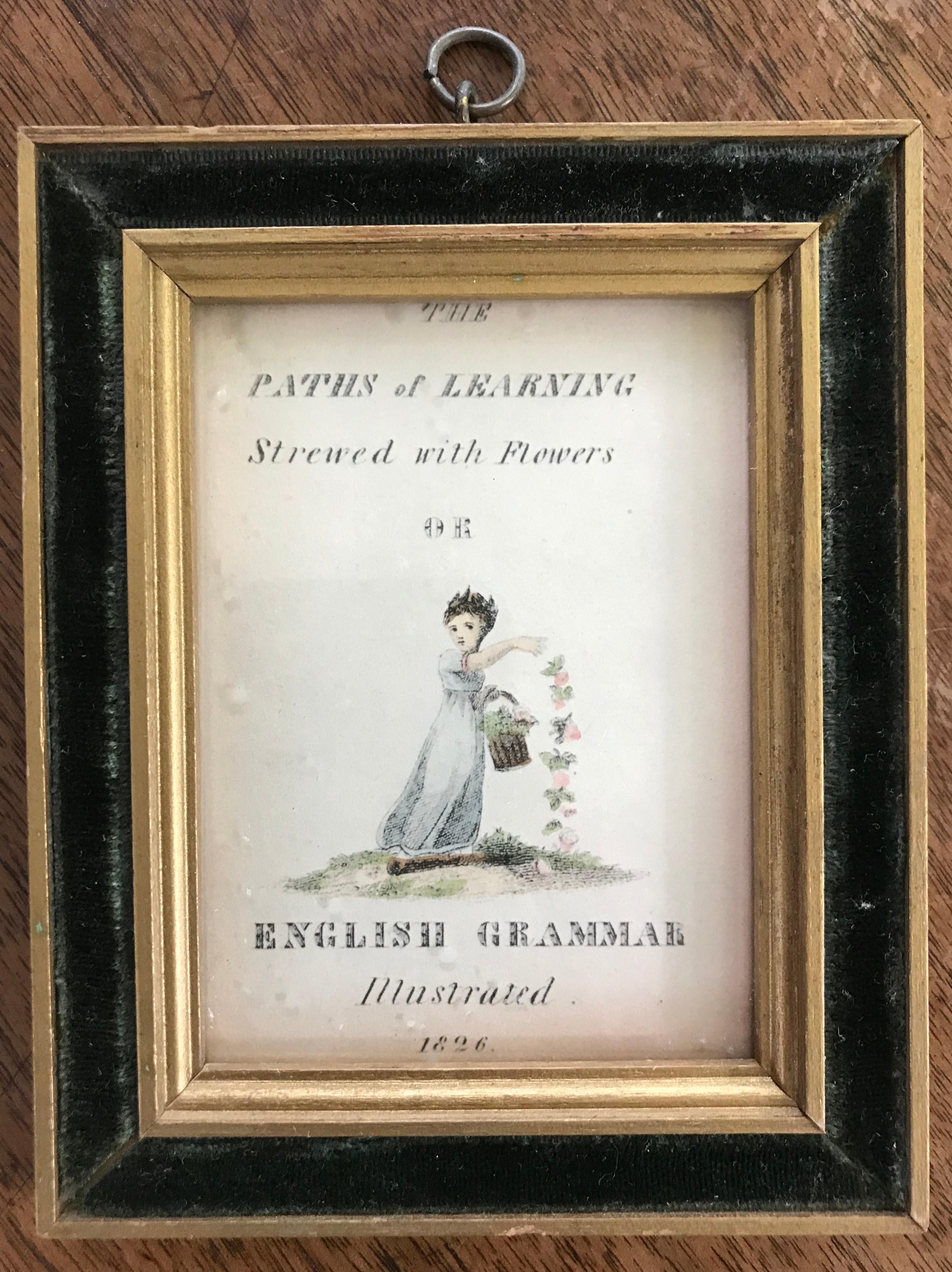 English grammar framed illustrations. From the Paths of Learning Strewn with Flowers series of English Grammar Illustrated by Asaph Willard. Four hand colored engravings including: frontispiece, adjectives, articles and vowels; published by Harris