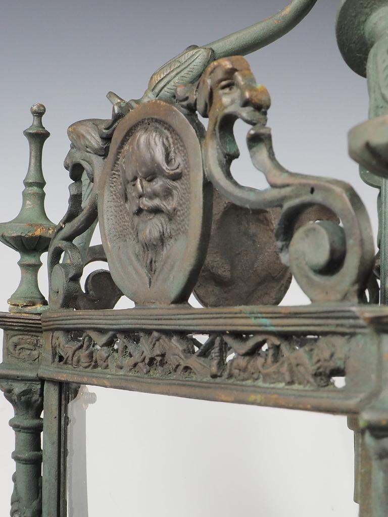 English Grand Antique Bronze Hall Lantern with Verdigris 6