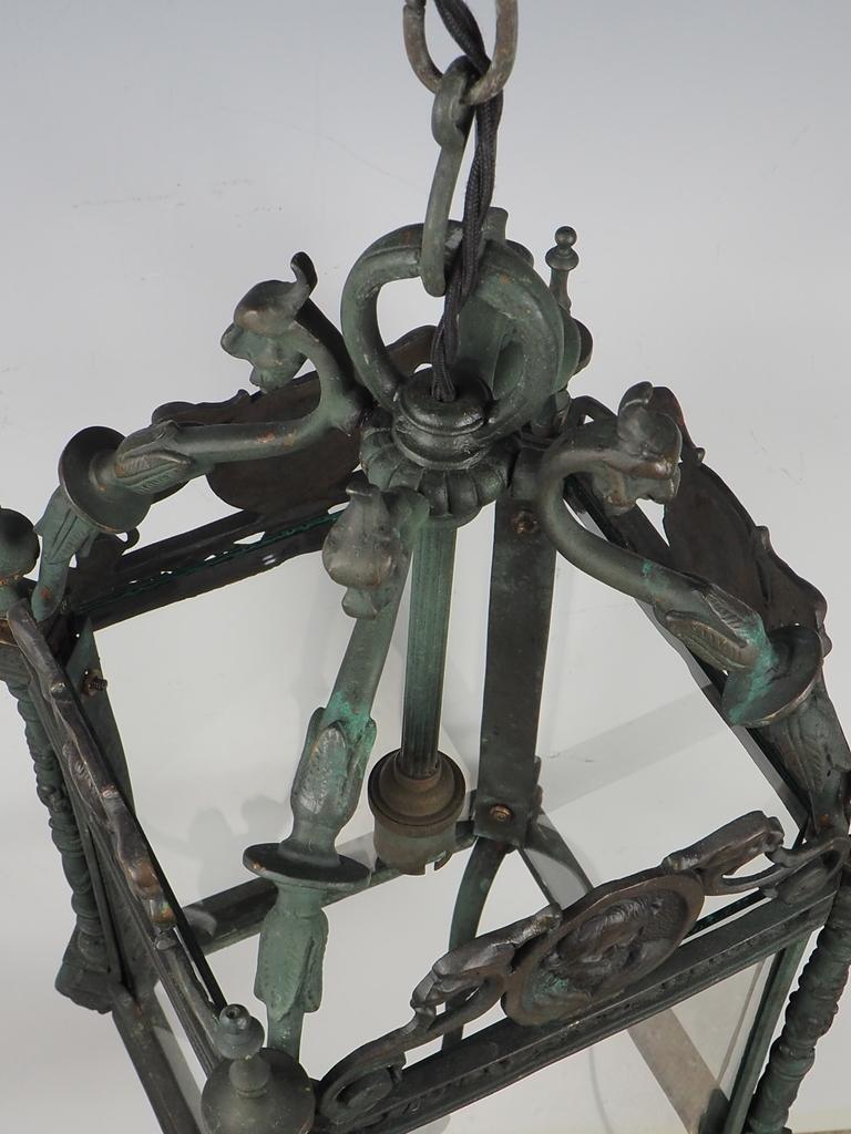 English Grand Antique Bronze Hall Lantern with Verdigris 8