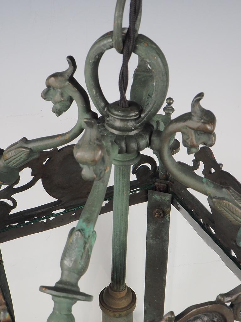 English Grand Antique Bronze Hall Lantern with Verdigris 9