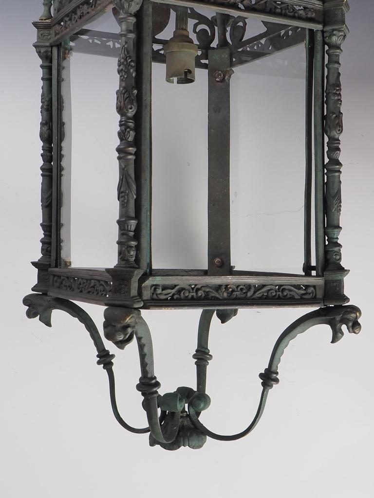 English Grand Antique Bronze Hall Lantern with Verdigris 10