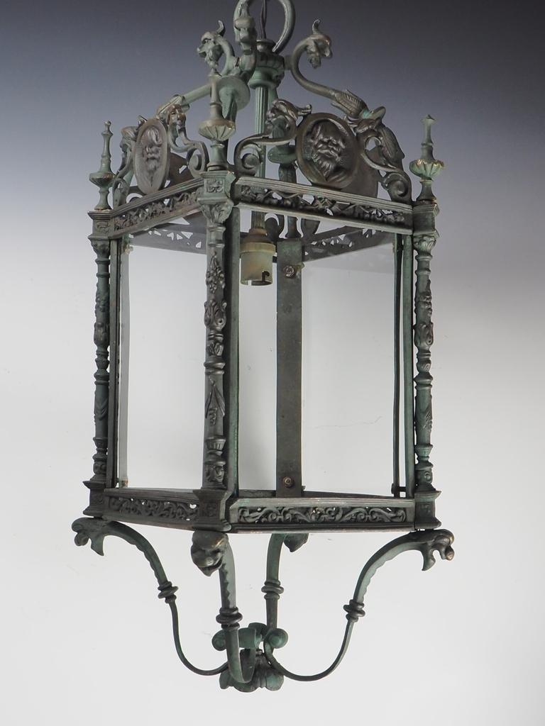 English Grand Antique Bronze Hall Lantern with Verdigris 13