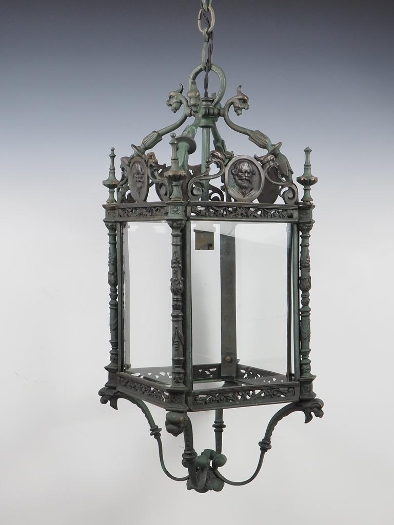 English Grand Antique Bronze Hall Lantern with Verdigris In Good Condition In Lincoln, GB