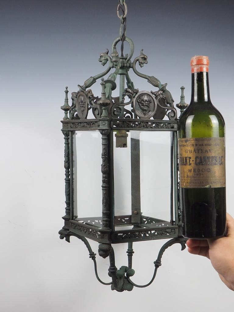 19th Century English Grand Antique Bronze Hall Lantern with Verdigris