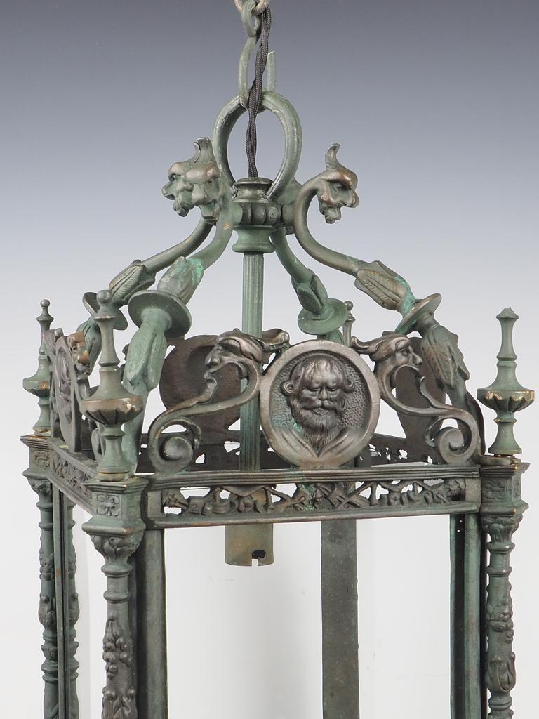 English Grand Antique Bronze Hall Lantern with Verdigris 1