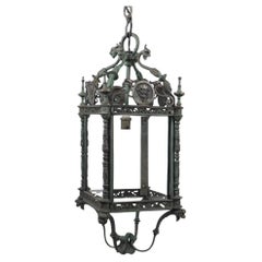 English Grand Antique Bronze Hall Lantern with Verdigris
