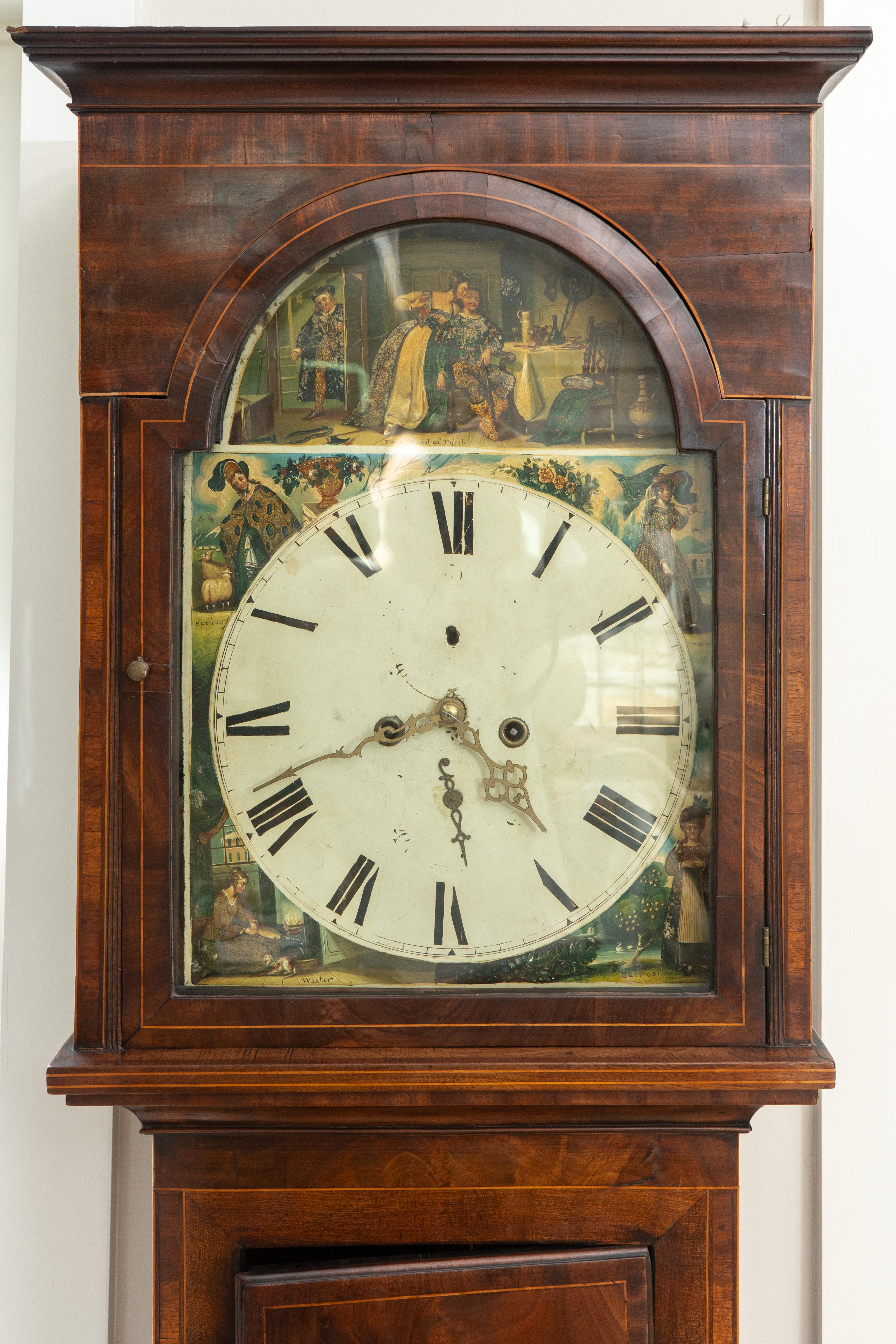 Scottish Grandfather clock:

Clock face painted with settings of the Fair Maid of Perth during the four seasons.

Measures:  21