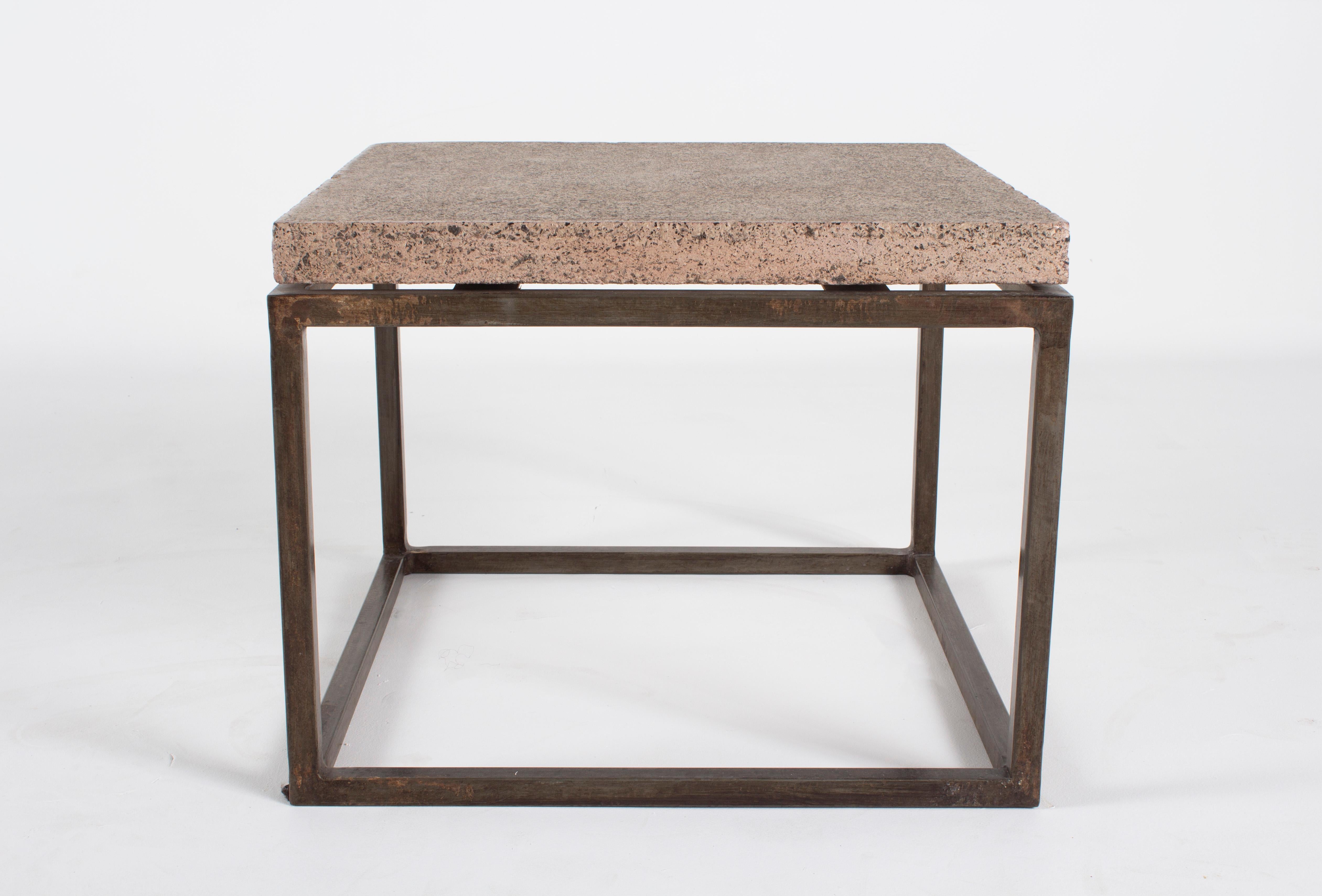 Vintage paver stone top on metal steel base, end table. In my organic, contemporary, vintage and mid-century modern aesthetic.