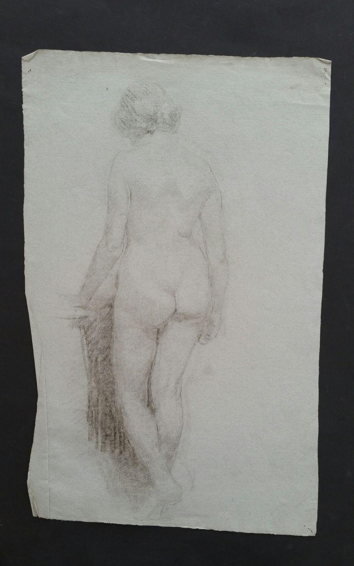 Boceto en grafito inglés de un desnudo femenino, vista posterior
de Henry George Moon (británico, 1857-1905)
sobre papel de artista azul pálido/gris, sin enmarcar
medidas: hoja 18,5 x 11 pulgadas (anchura medida en el punto más estrecho de la