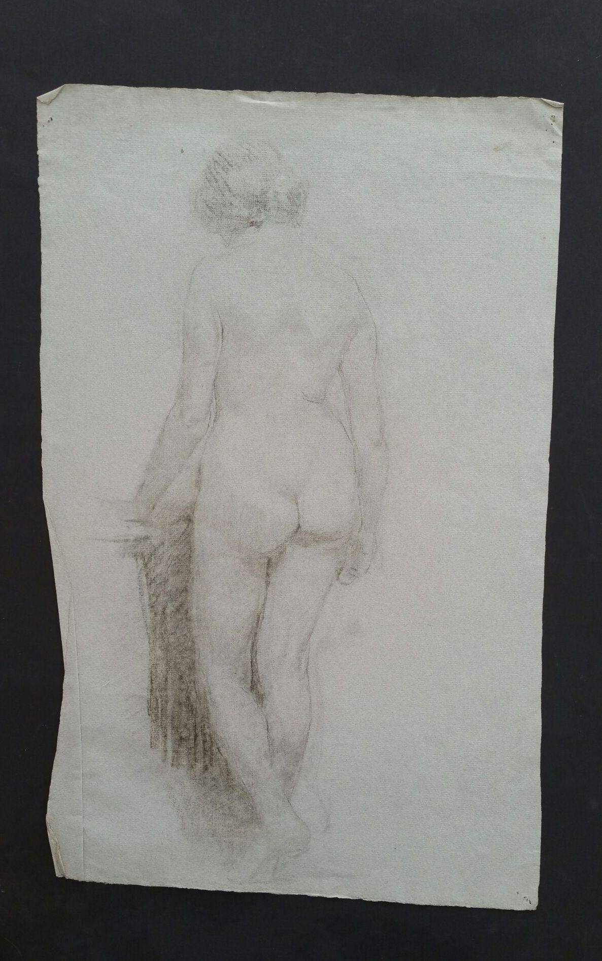 English Graphite Sketch of a Female Nude, Back View
by Henry George Moon (British 1857-1905)
on pale blue/grey artists paper, unframed
measurements: sheet 18.5 x 11 inches (width measured at narrowest point of sheet based on fold to the