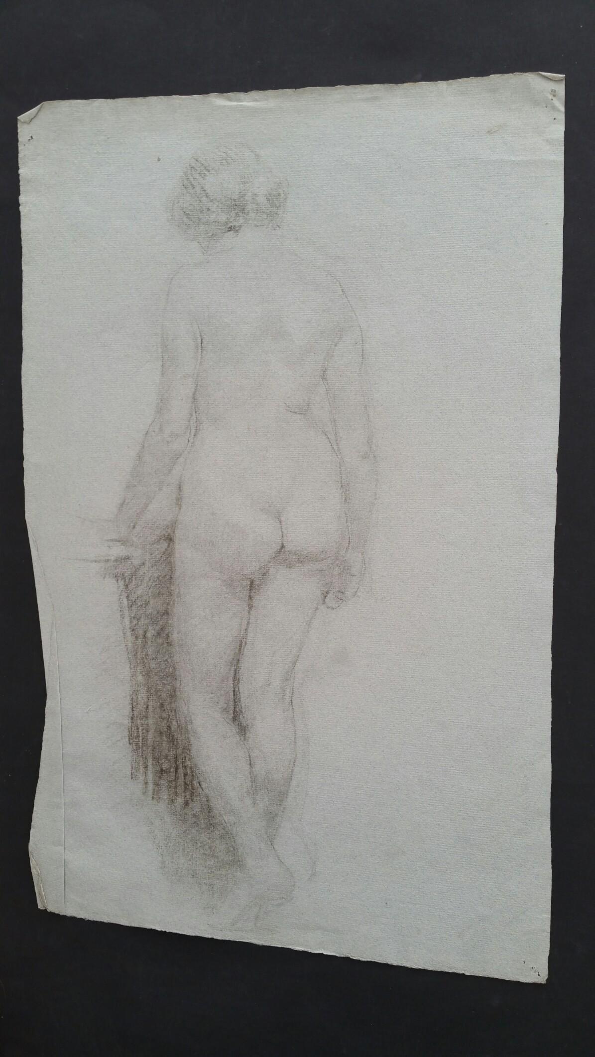 English Graphite Portrait Sketch of Female Nude, Back View For Sale 2