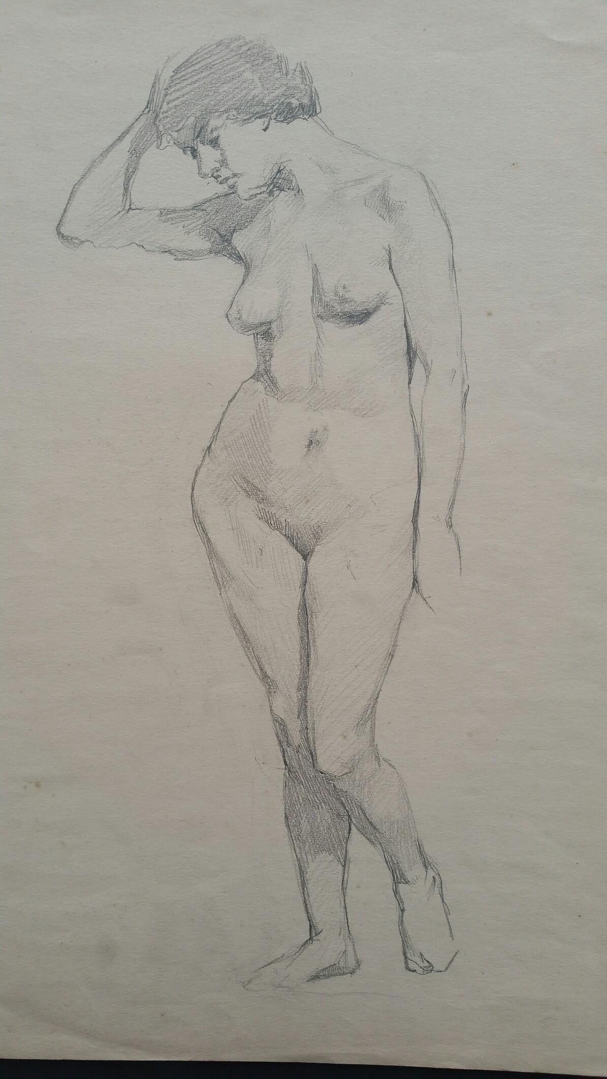 English Graphite Sketch of a Female Nude, Forward Facing
by Henry George Moon (British 1857-1905)
on off white artists paper, unframed
measurements: sheet 22 x 14.75 inches 

provenance: from the artists estate

Condition report: pin holes to