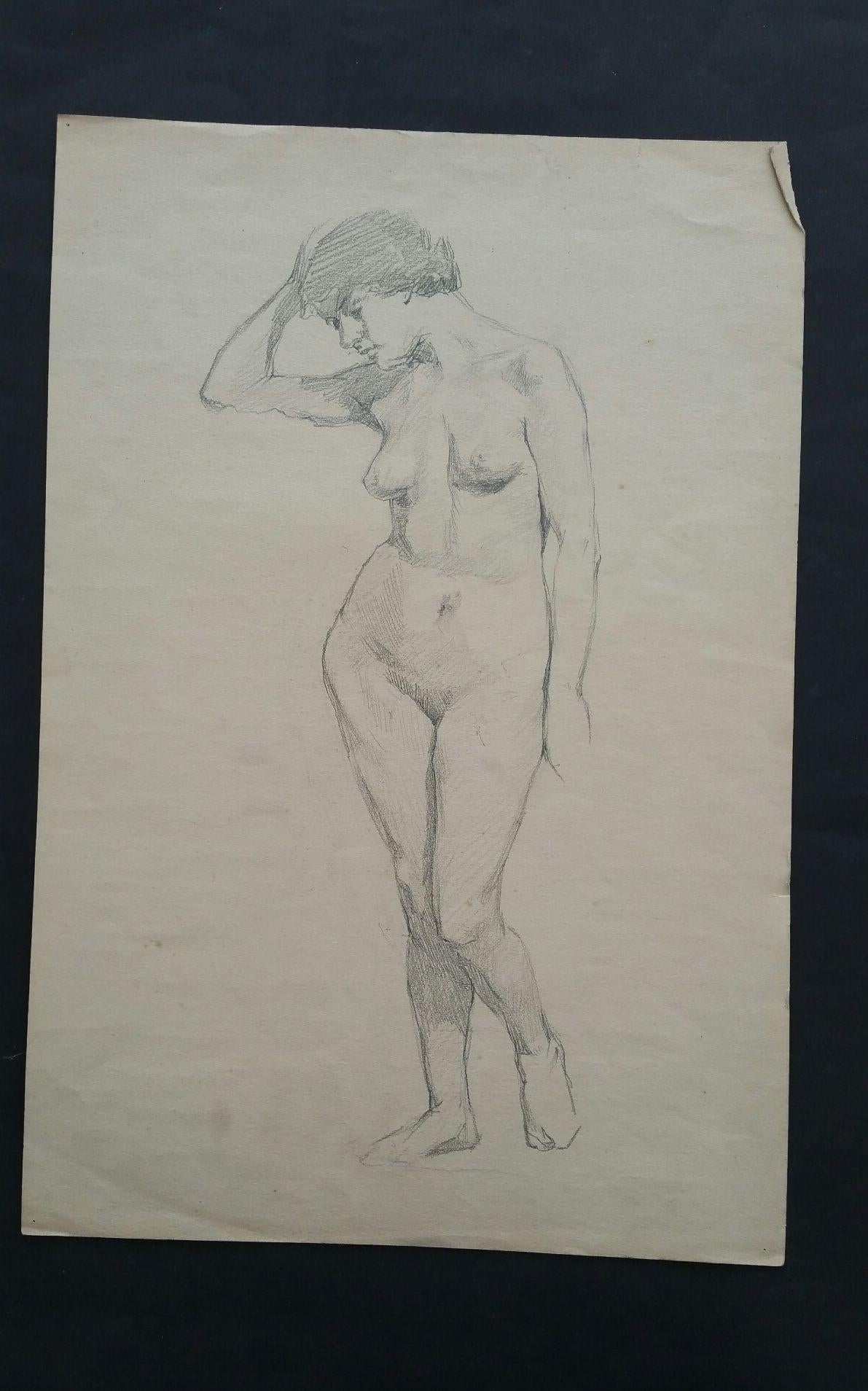 English Graphite Portrait Sketch of Female Nude, Forward Pose In Good Condition For Sale In Cirencester, GB