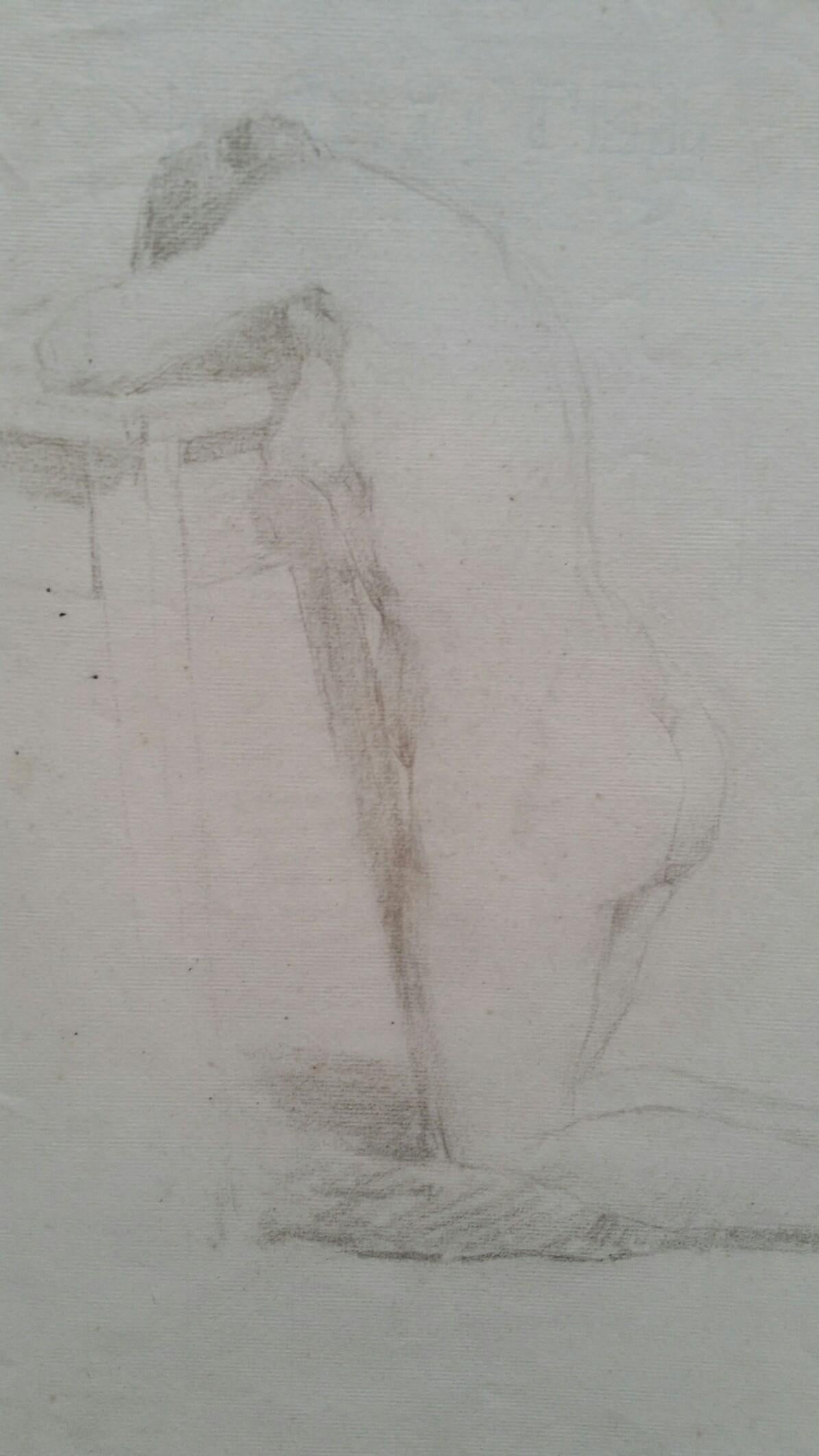 English Graphite Portrait Sketch of Female Nude, Kneeling For Sale 5