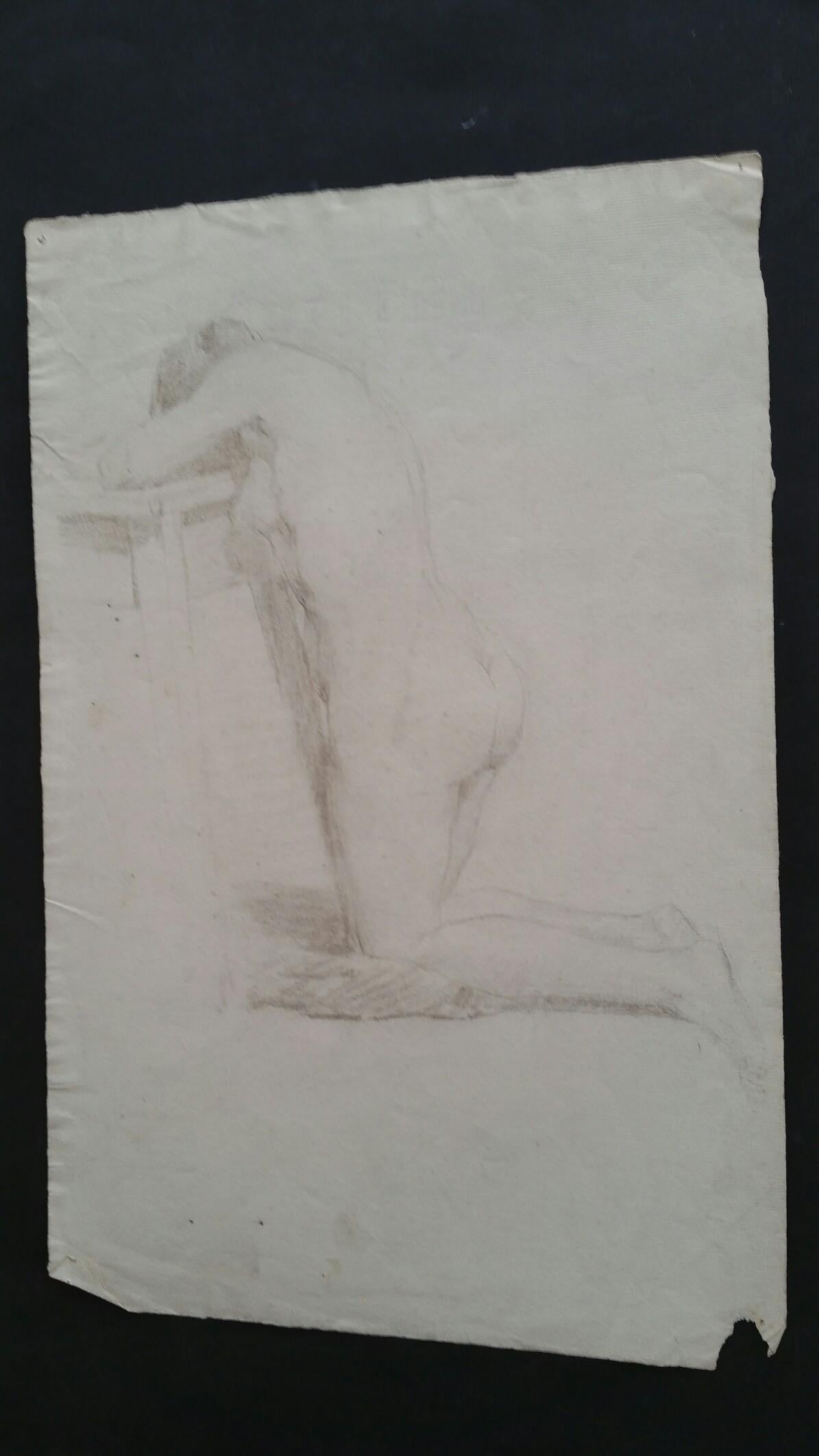 English Graphite Portrait Sketch of Female Nude, Kneeling For Sale 4