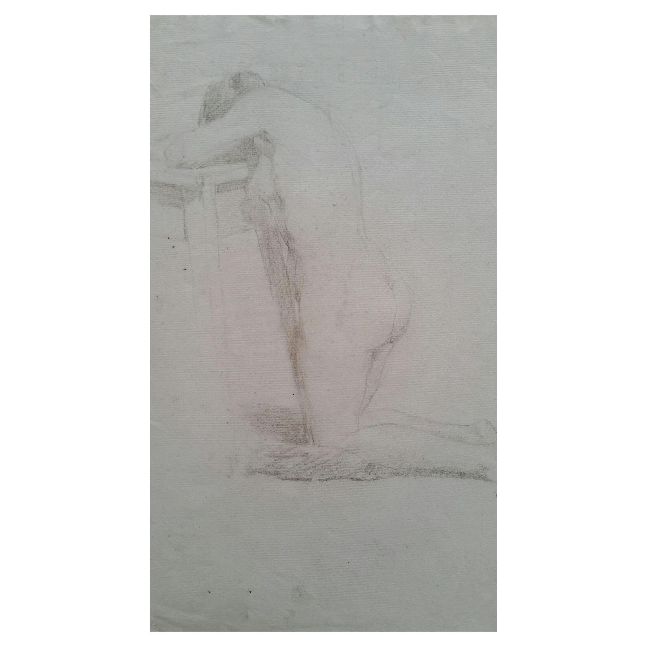 Croquis de portrait en graphite anglais d'une femme nue agenouillée