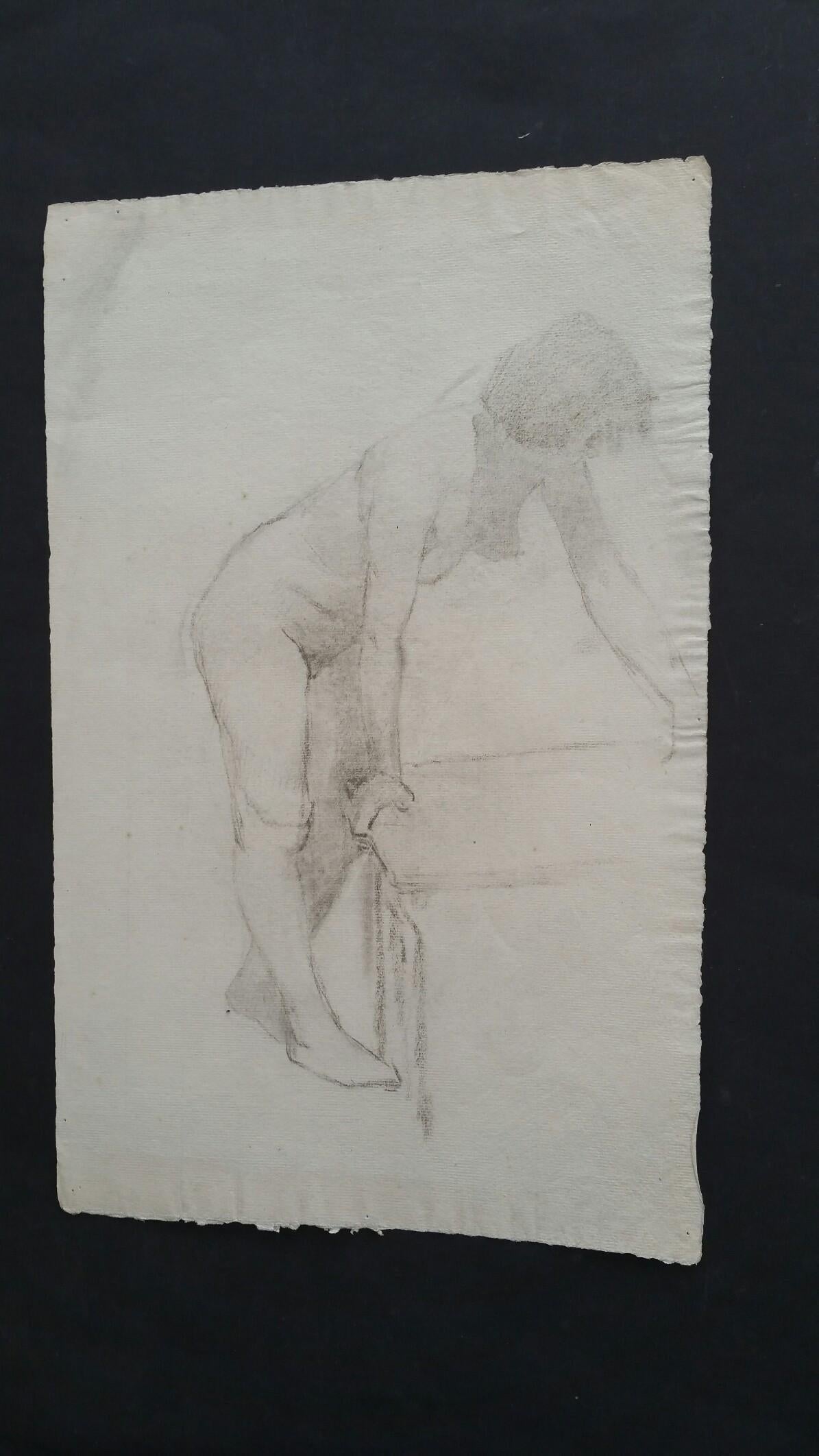 English graphite sketch of a female nude, leaning.
by Henry George Moon (British 1857-1905).
on off white artists paper, unframed.
measurements: sheet 18.25 x 11.5 inches.

Provenance: from the artists estate

Condition report: pin holes to