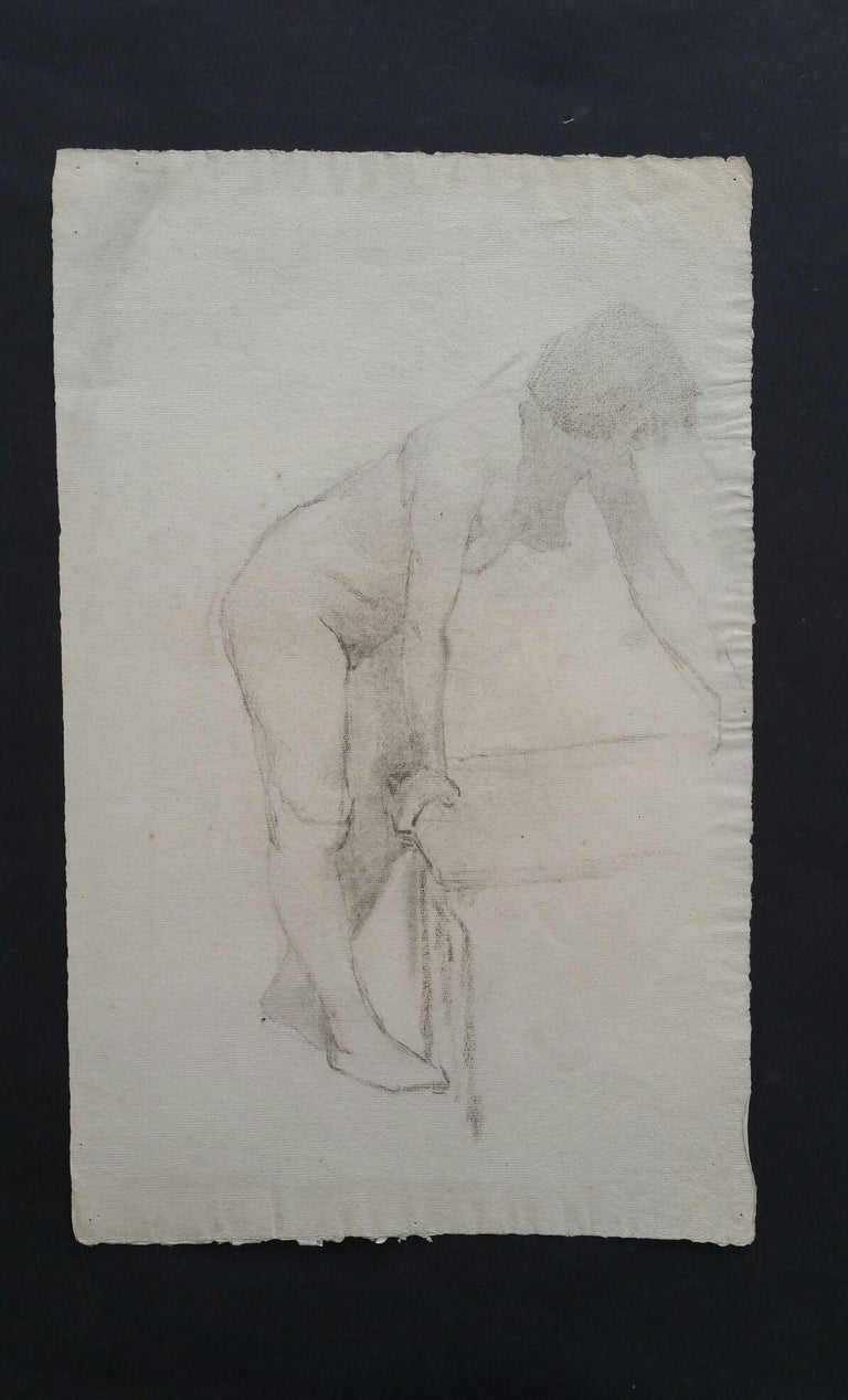 19th Century English Graphite Portrait Sketch of Female Nude, Leaning For Sale
