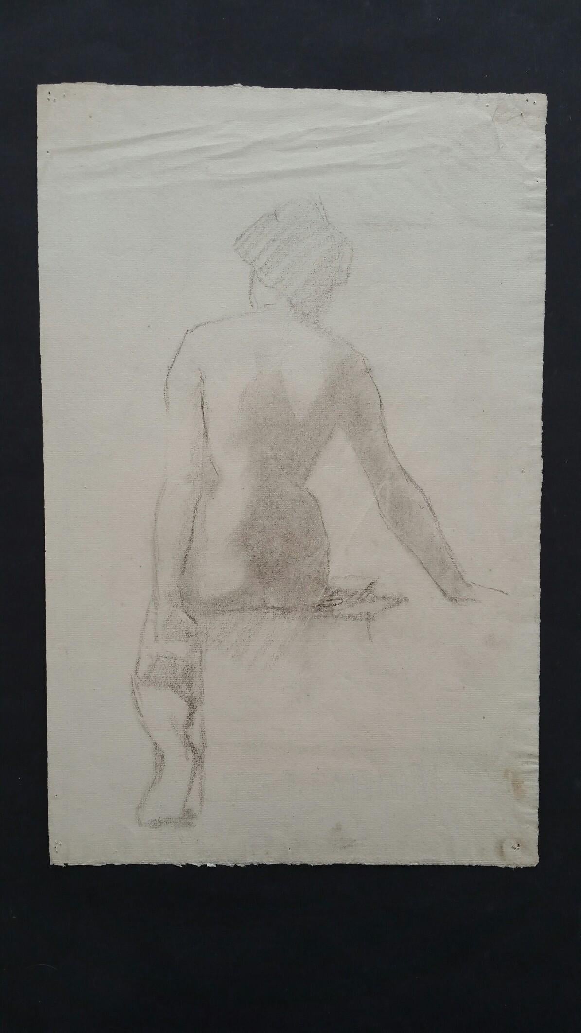 English graphite sketch of a female nude, back view, seated.
by Henry George Moon (British 1857-1905).
on off white artists paper, unframed.
Measurements: sheet 18.75 x 12 inches.

Provenance: from the artists estate

Condition report: pin