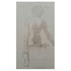 Englisches Graphitporträt eines weiblichen Akts aus Graphit, hinterer Ansicht sitzend