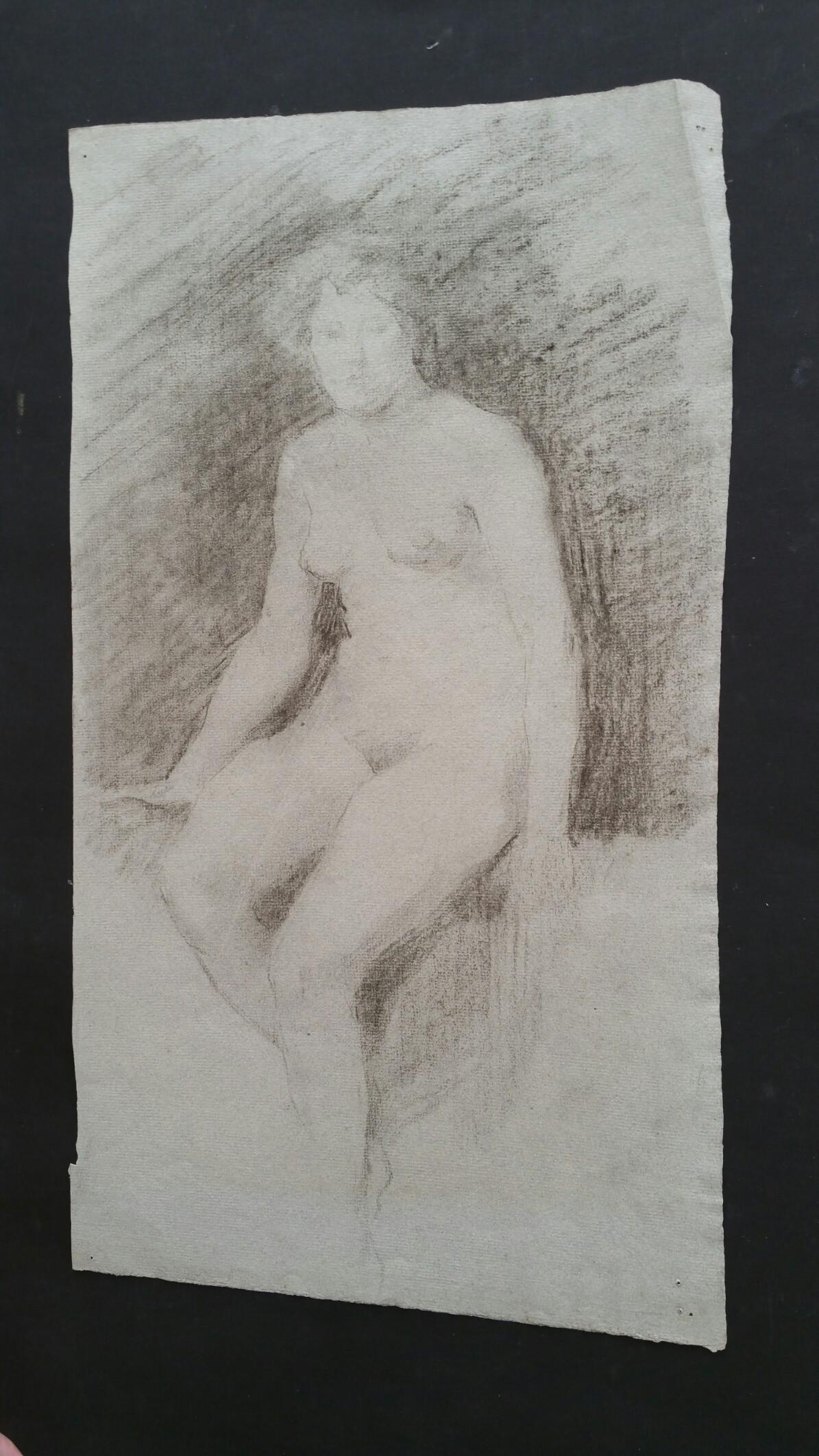 English Graphite Sketch of a Female Nude, Seated
by Henry George Moon (British 1857-1905)
on pale grey artists paper, unframed
measurements: sheet 18.75 x 10.25 inches (width measured at narrowest point of sheet)

provenance: from the artists