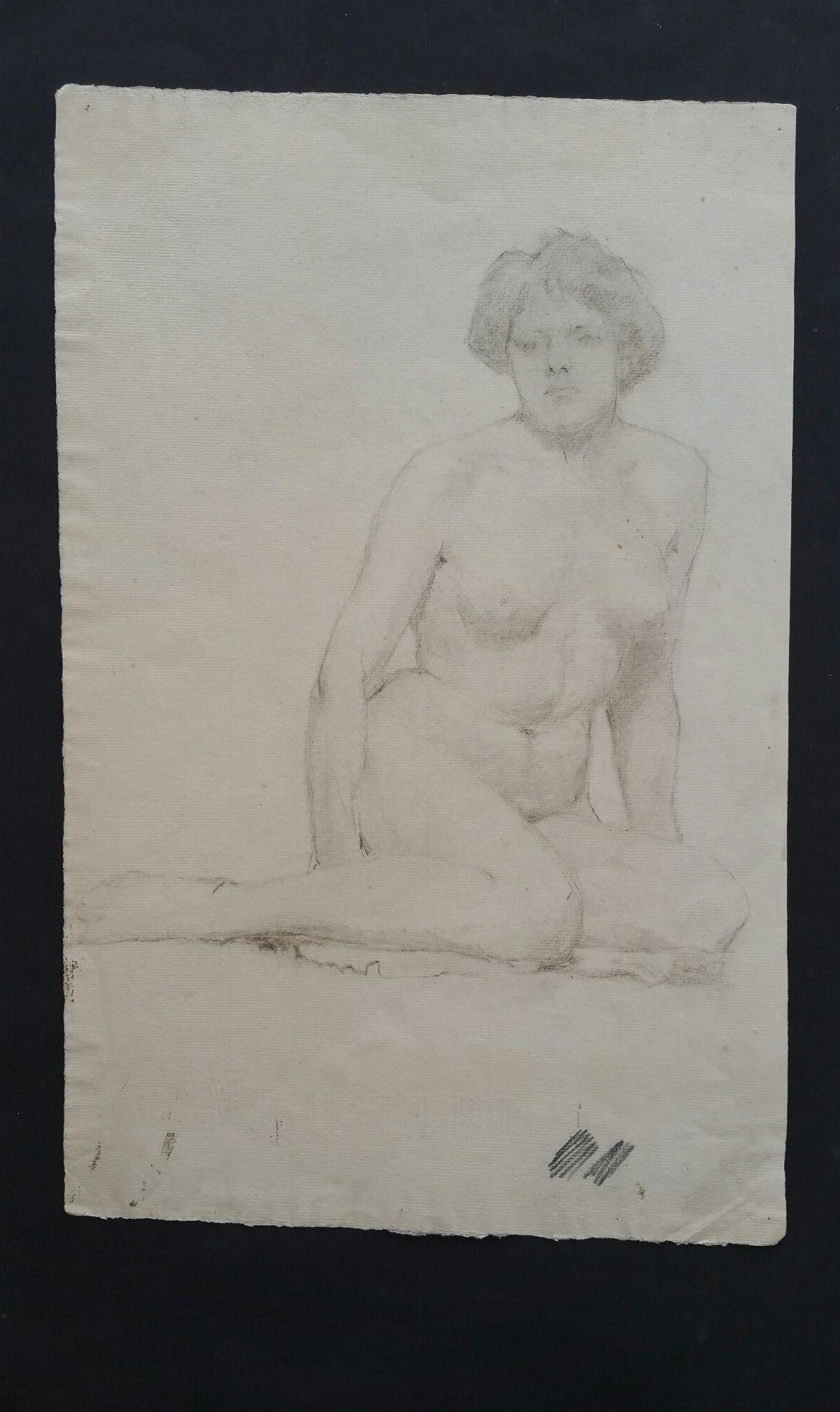 English Graphite Sketch of a Female Nude, Seated on Floor
by Henry George Moon (British 1857-1905)
on off white artists paper, unframed
measurements: sheet 18.75 x 12 inches 

provenance: from the artists estate

Condition report: pin holes