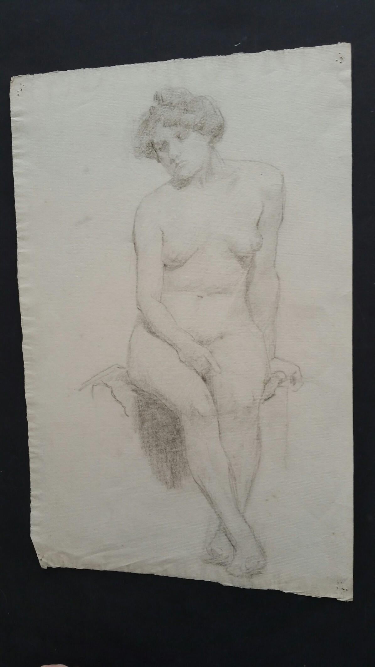 English Graphite Sketch of a Female Nude, Seated
by Henry George Moon (British 1857-1905)
on off white artists paper, unframed
measurements: sheet 18.5 x 12 inches 

provenance: from the artists estate

Condition report: pin holes to corners