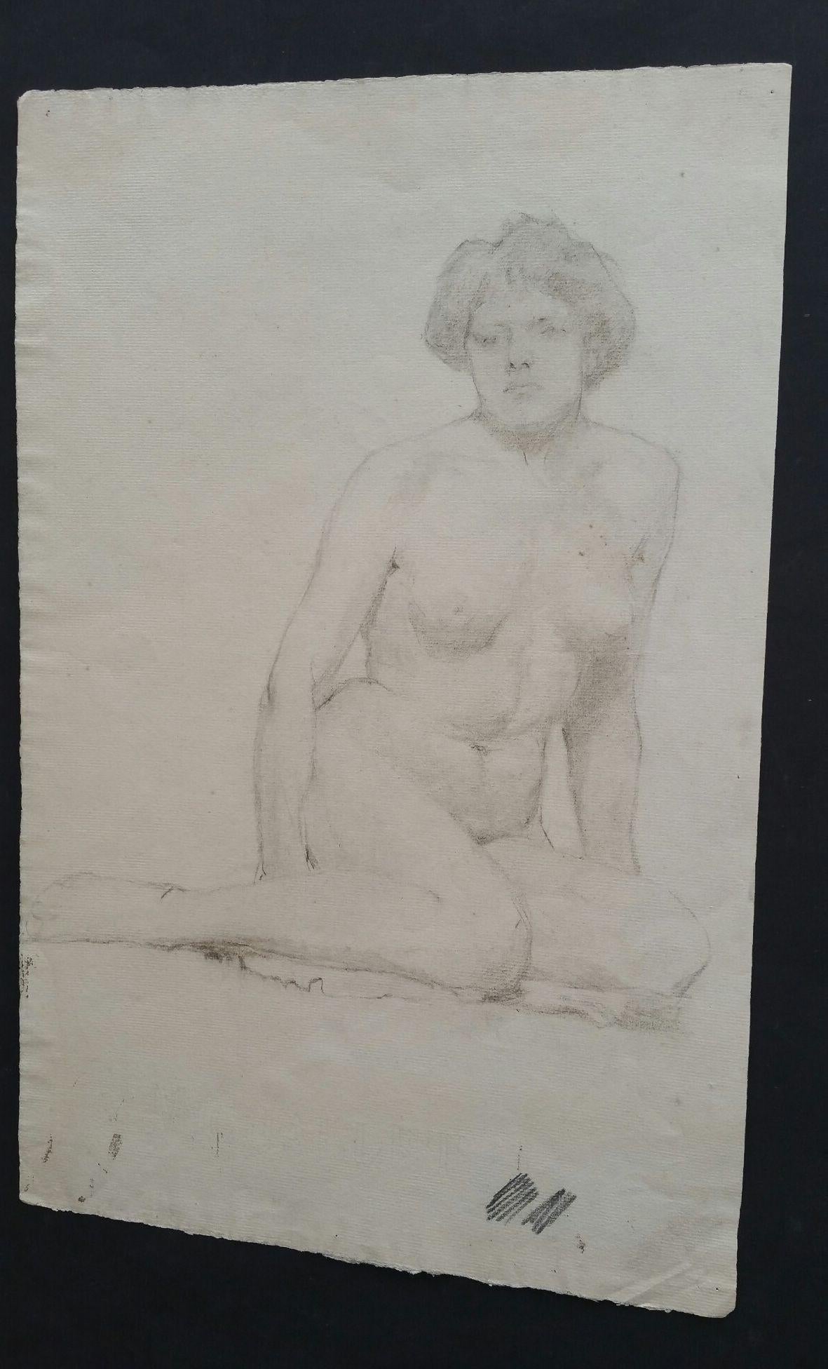 English Graphite Portrait Sketch of Female Nude, Seated For Sale 3