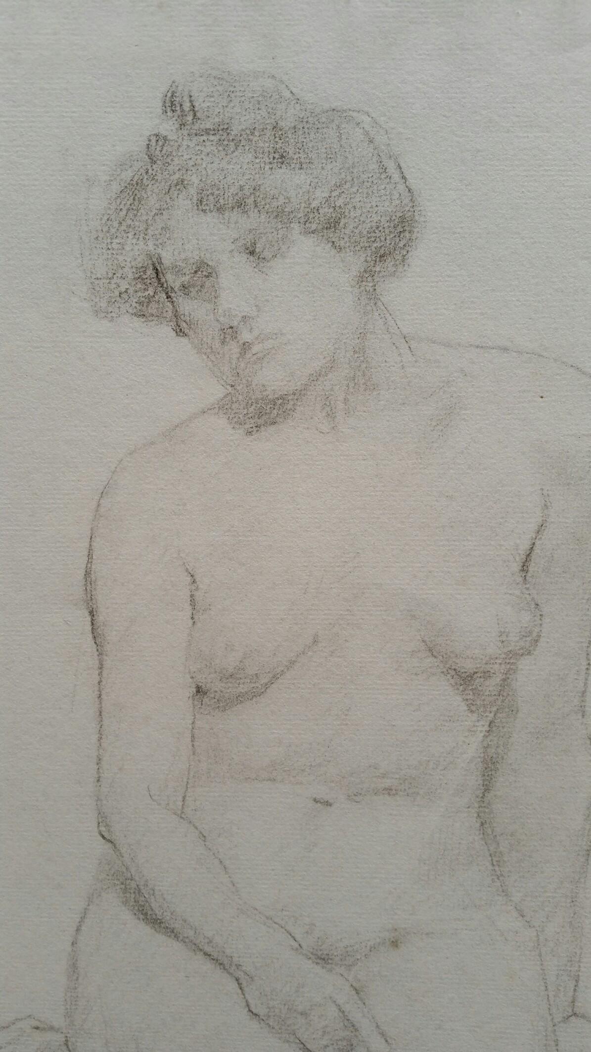 English Graphite Portrait Sketch of Female Nude, Seated For Sale 3