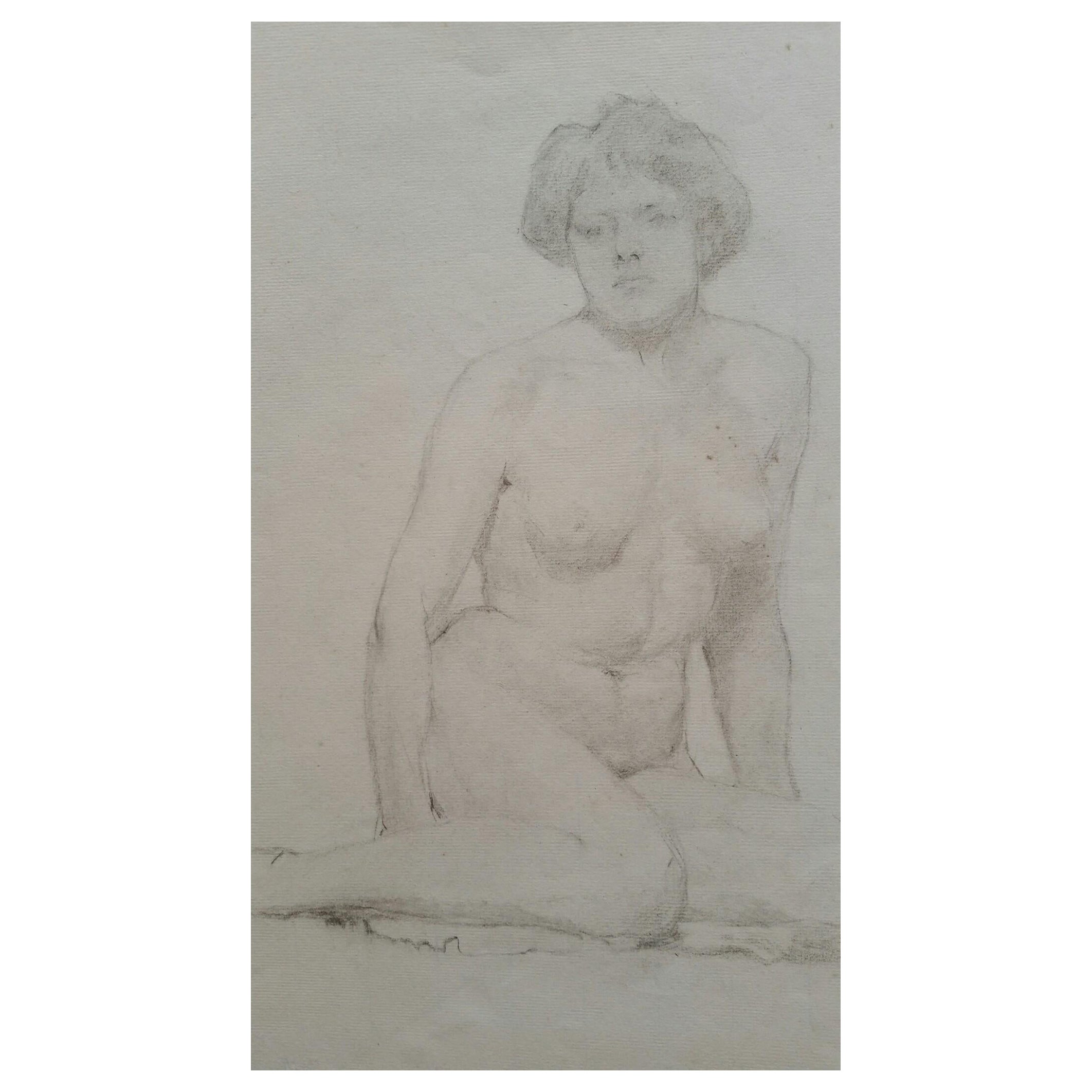 Portrait en graphite anglais d'une femme nue assise