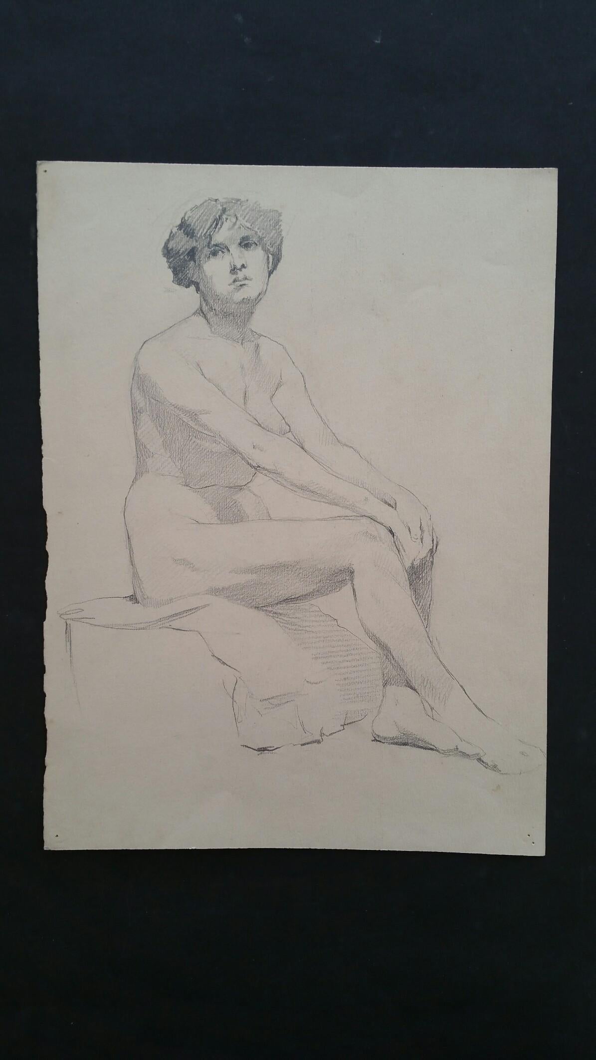 English Graphite Sketch of a Female Nude, Seated in Profile
by Henry George Moon (British 1857-1905)
on off white artists paper, unframed
measurements: sheet 13.5 x 11 inches 

provenance: from the artists estate

Condition report: pin holes