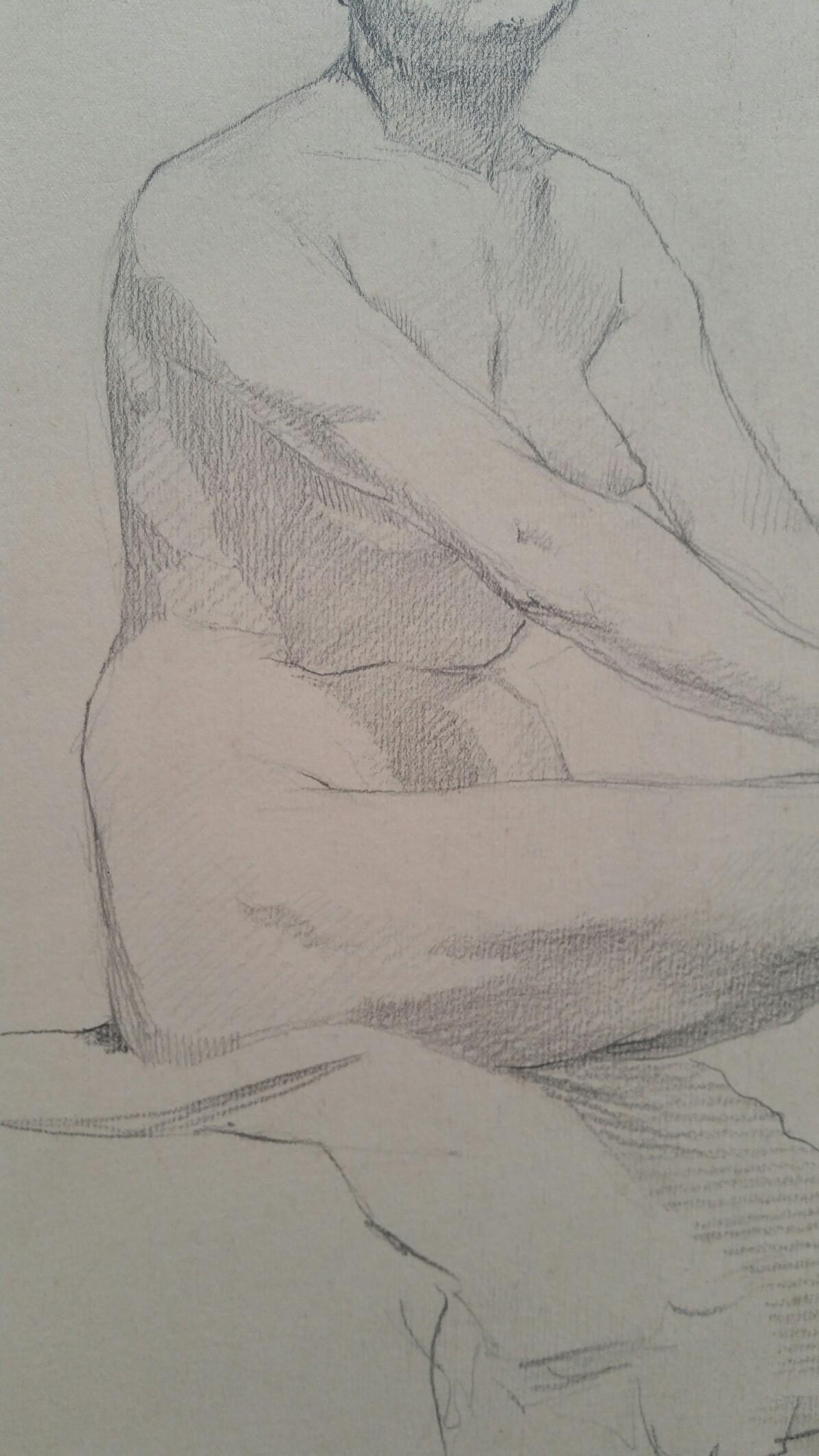 Boceto de retrato inglés en grafito de mujer desnuda, sentada de perfil en Bueno Estado en Cirencester, GB